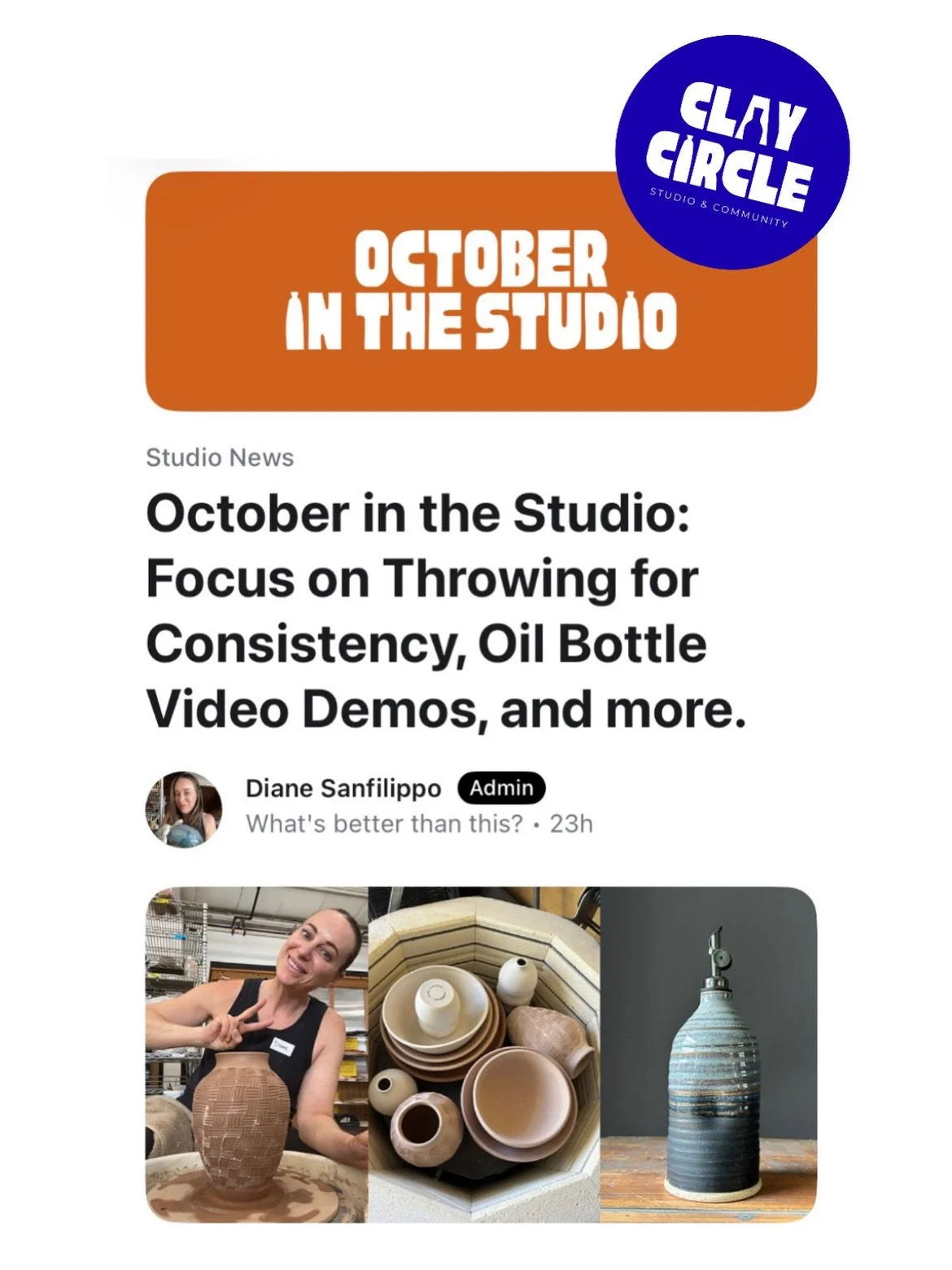 A peek at the monthly email I send to inform members and prospective members who sign up for these updates 👏🏻🔵 (This is not the complete email.)

Want to learn more about my online making &amp; marketing community for potters?

Simply comment STUD