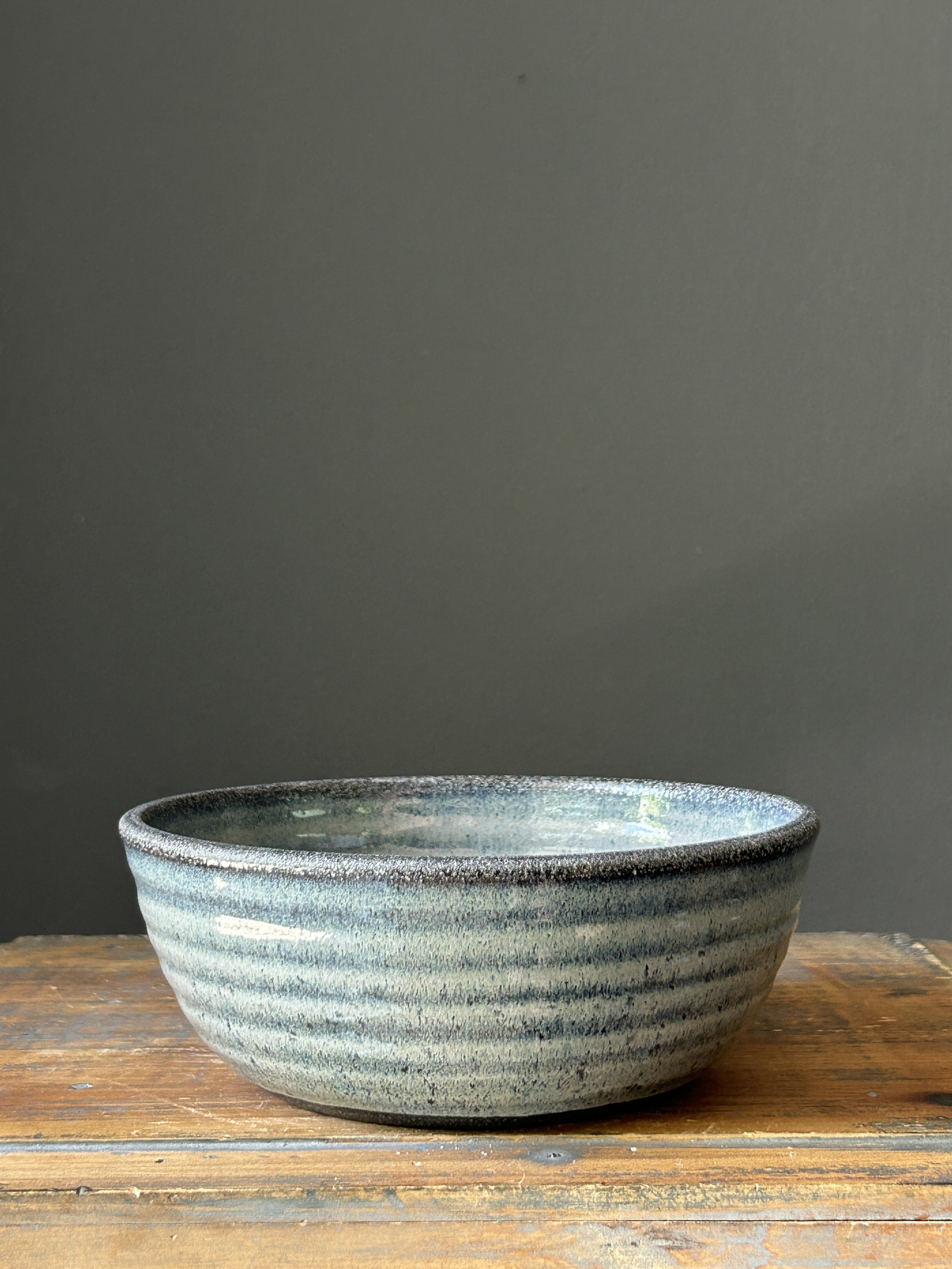 Smaller Dinner Bowl, Fog on Black Clay with Raw Rim, 7.25"