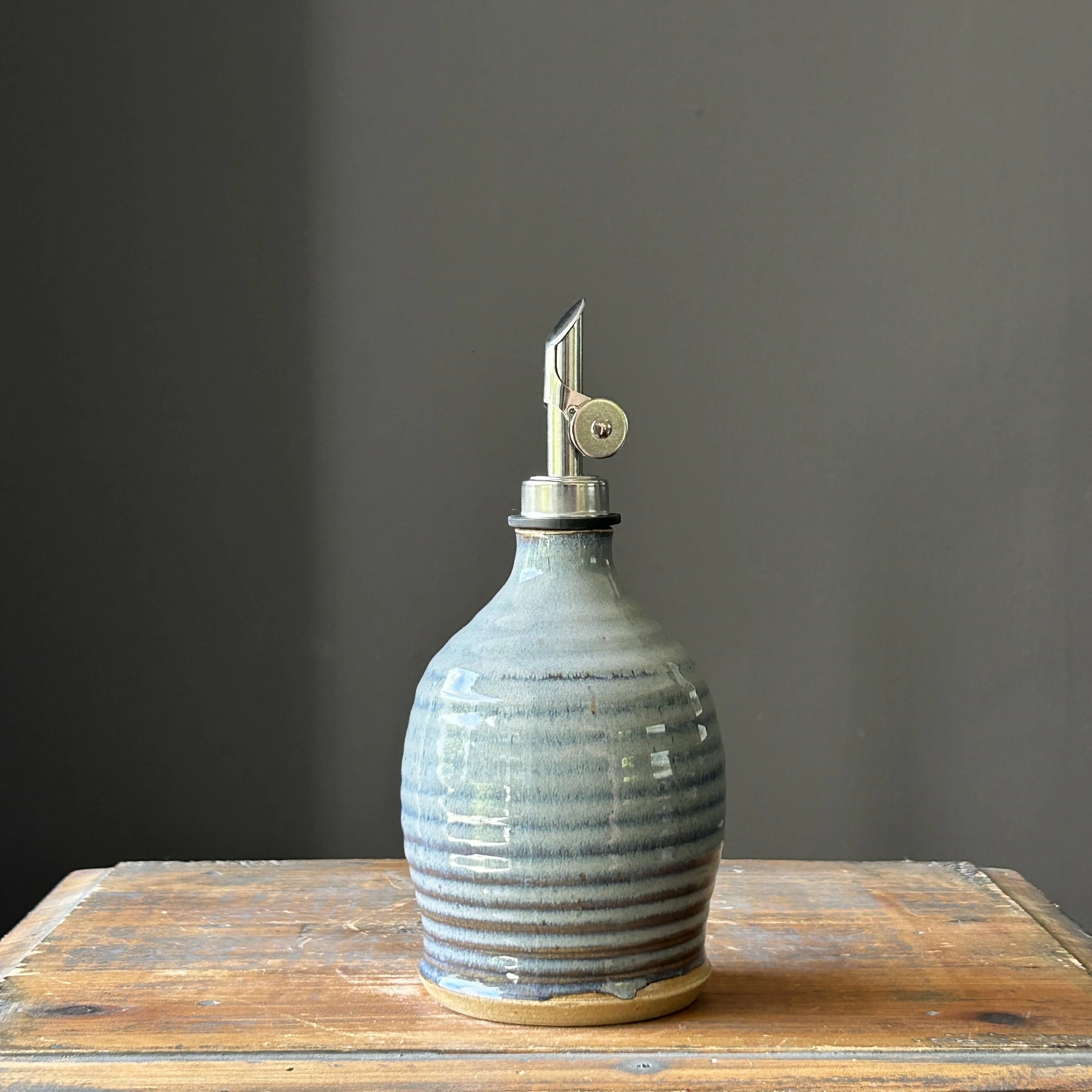 Small Bellied Oil Bottle #4 - Fog - tan clay, 14 oz