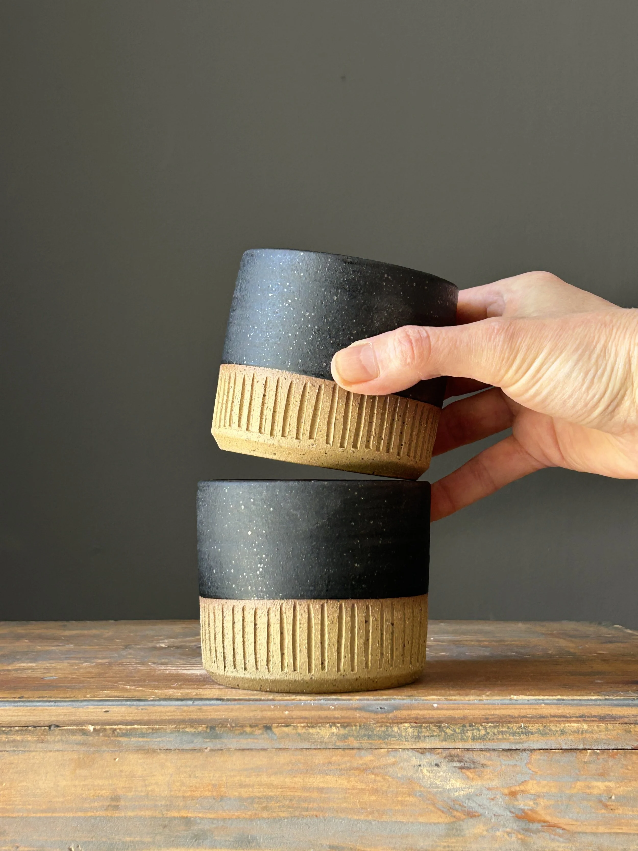 Carved Cortado Cups - Matte Black Speckled (set of 2), 8oz