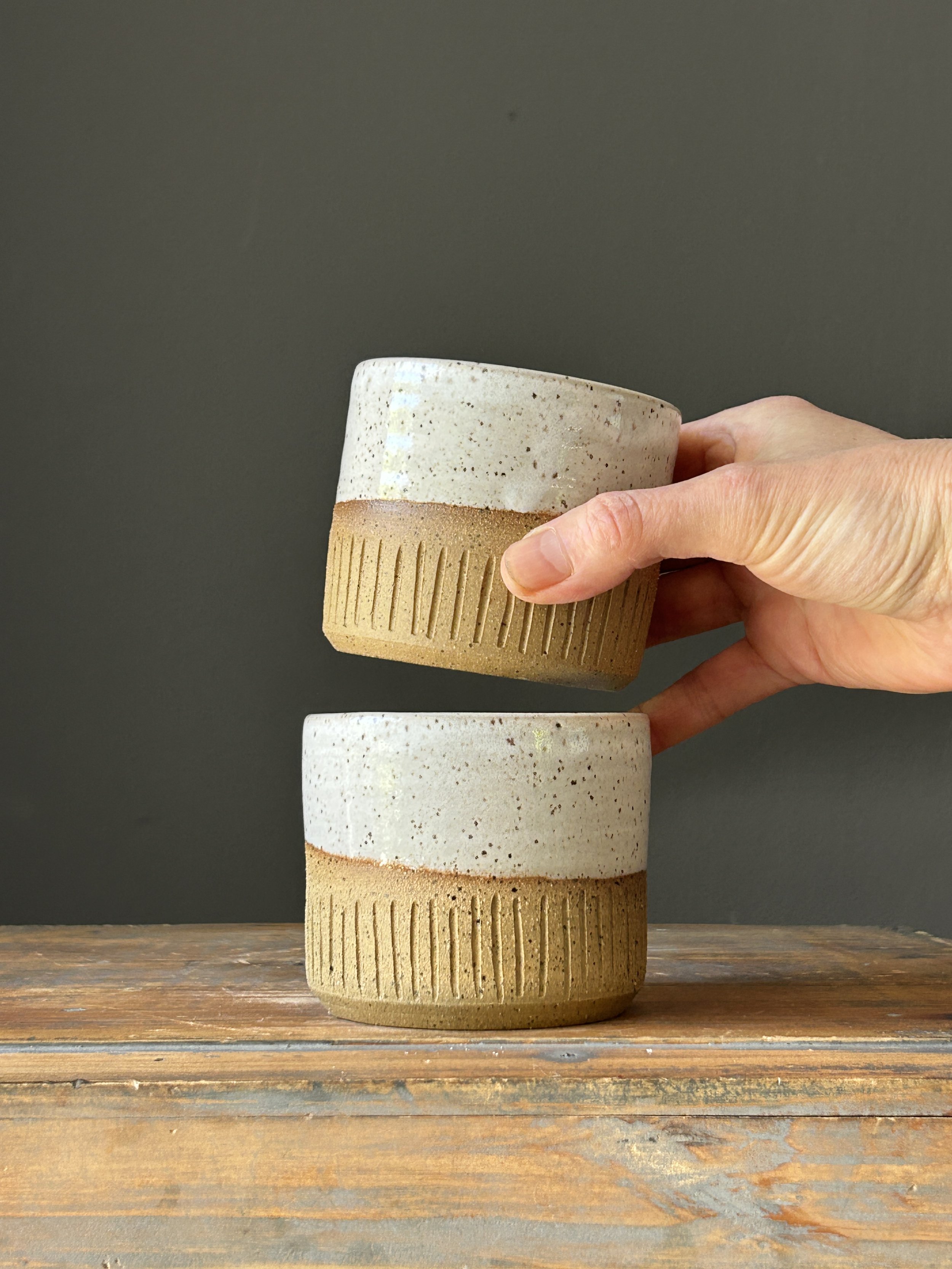 Carved Cortado Cups - White Spekcled (set of 2), 8oz