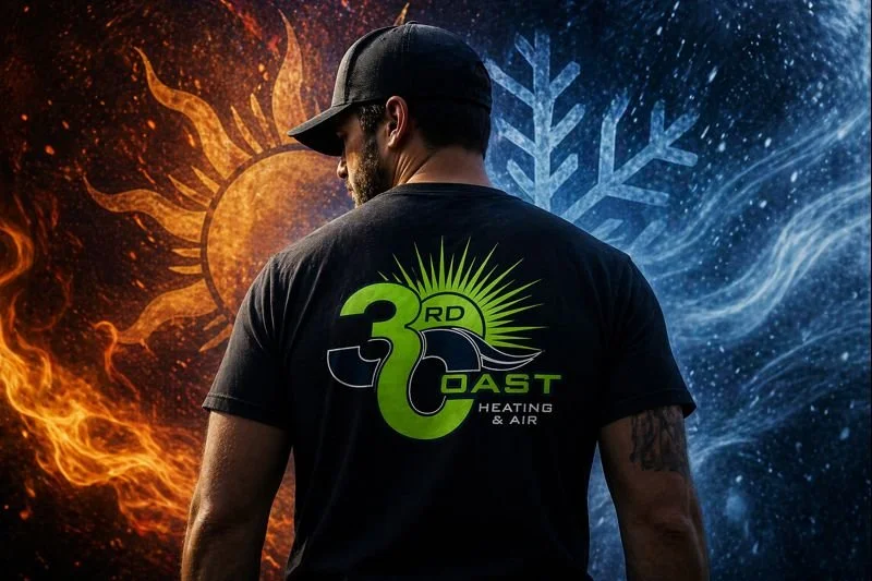 Technician in Third Coast Heating and Air shirt with fire and ice background representing heating and cooling services