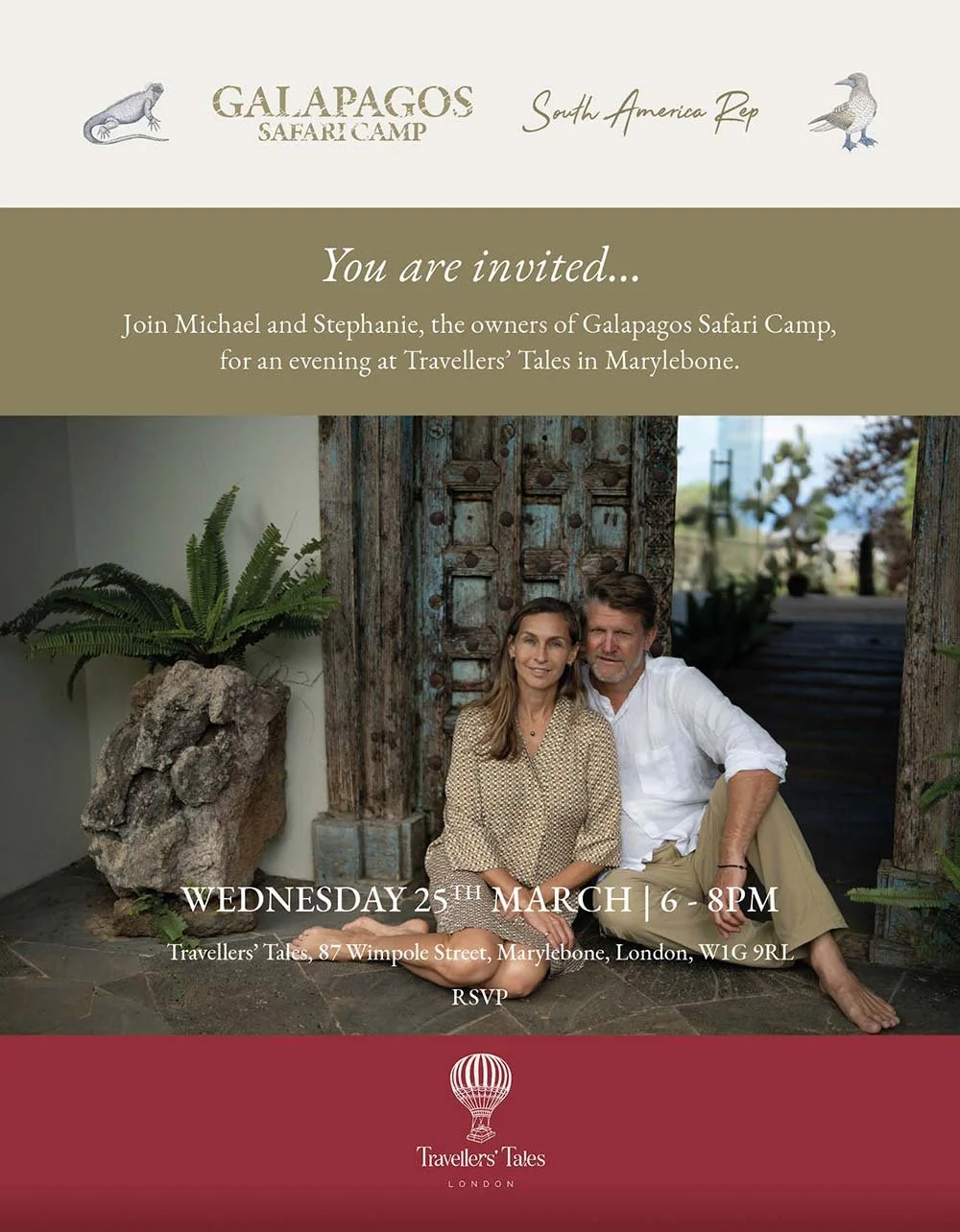 Invitation for a safari camp evening event featuring Michael and Stephanie at Travellers' Tales in Marylebone, London, with a photo of a smiling couple sitting outside a rustic wooden door.