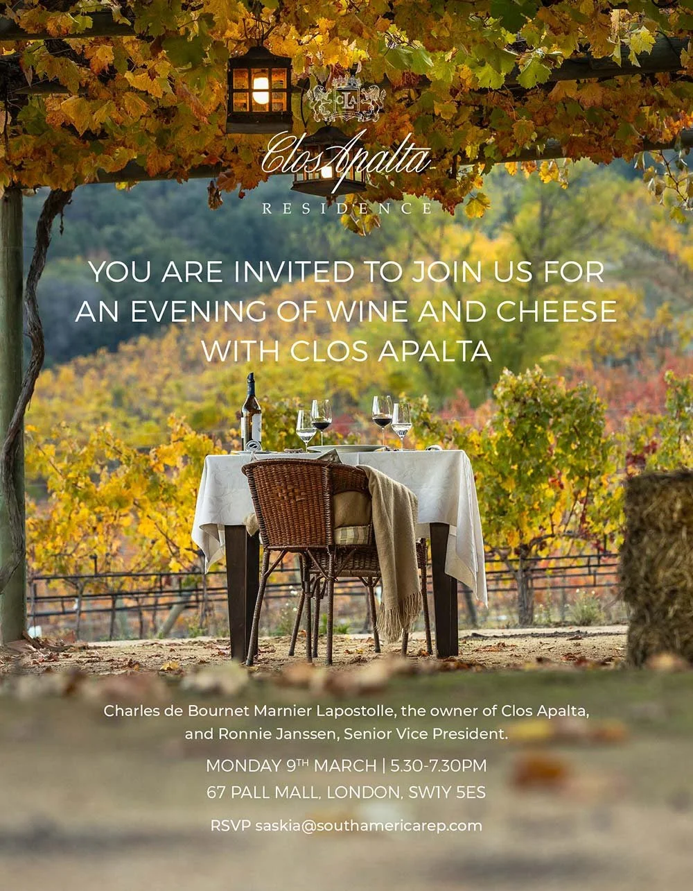Invitation to an evening of wine and cheese hosted by Clos Apalta, featuring a table set with wine glasses and bottles in a vineyard setting with autumn leaves.