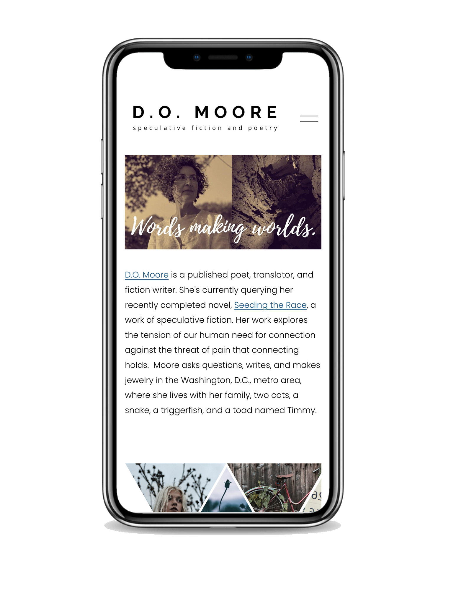 Cellphone showing website homepage of Poet & Author D.O. Moore