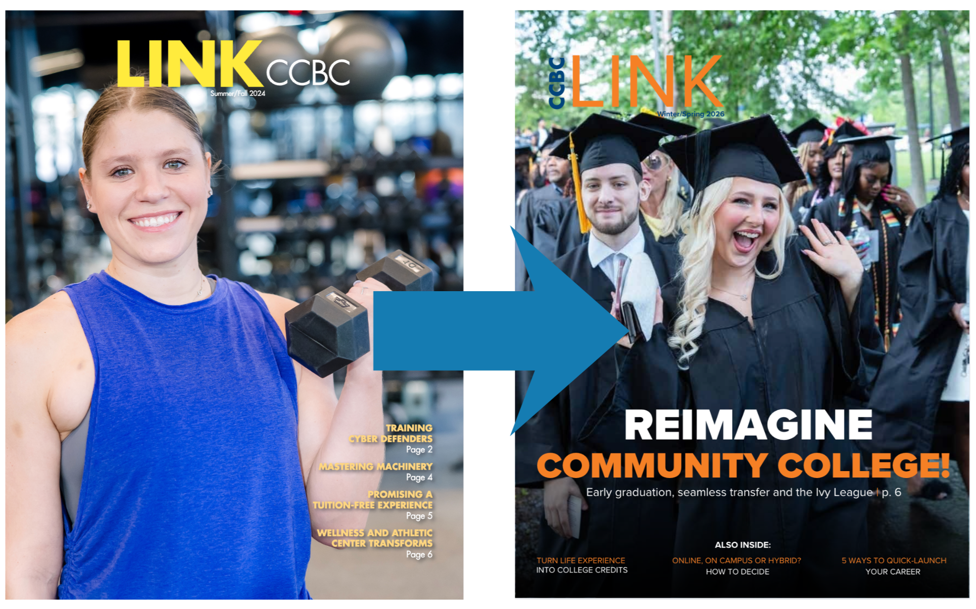 Two covers of LINK magazine - before and after