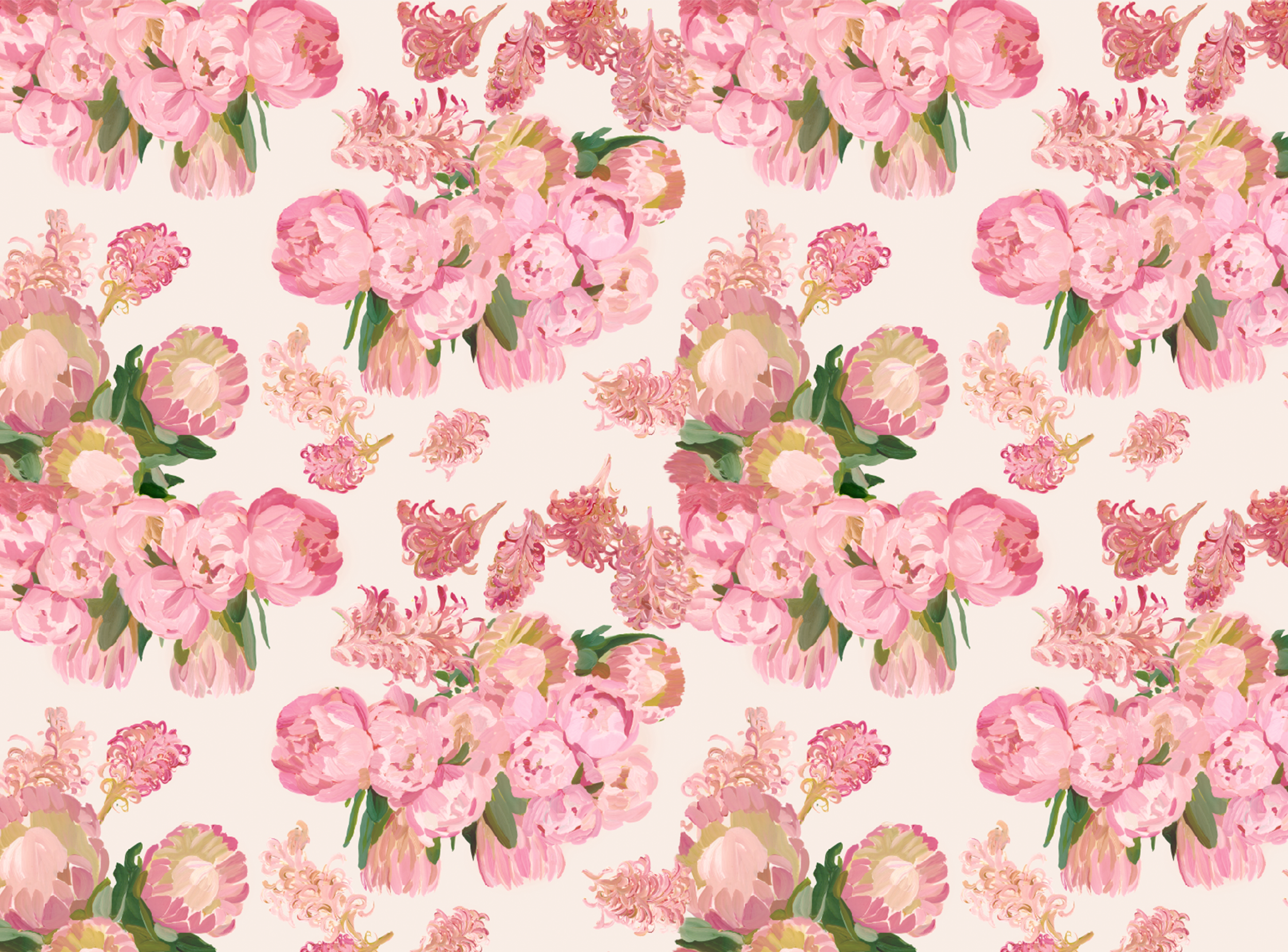 Pattern of pink peony and hyacinth flowers with green leaves on a white background.