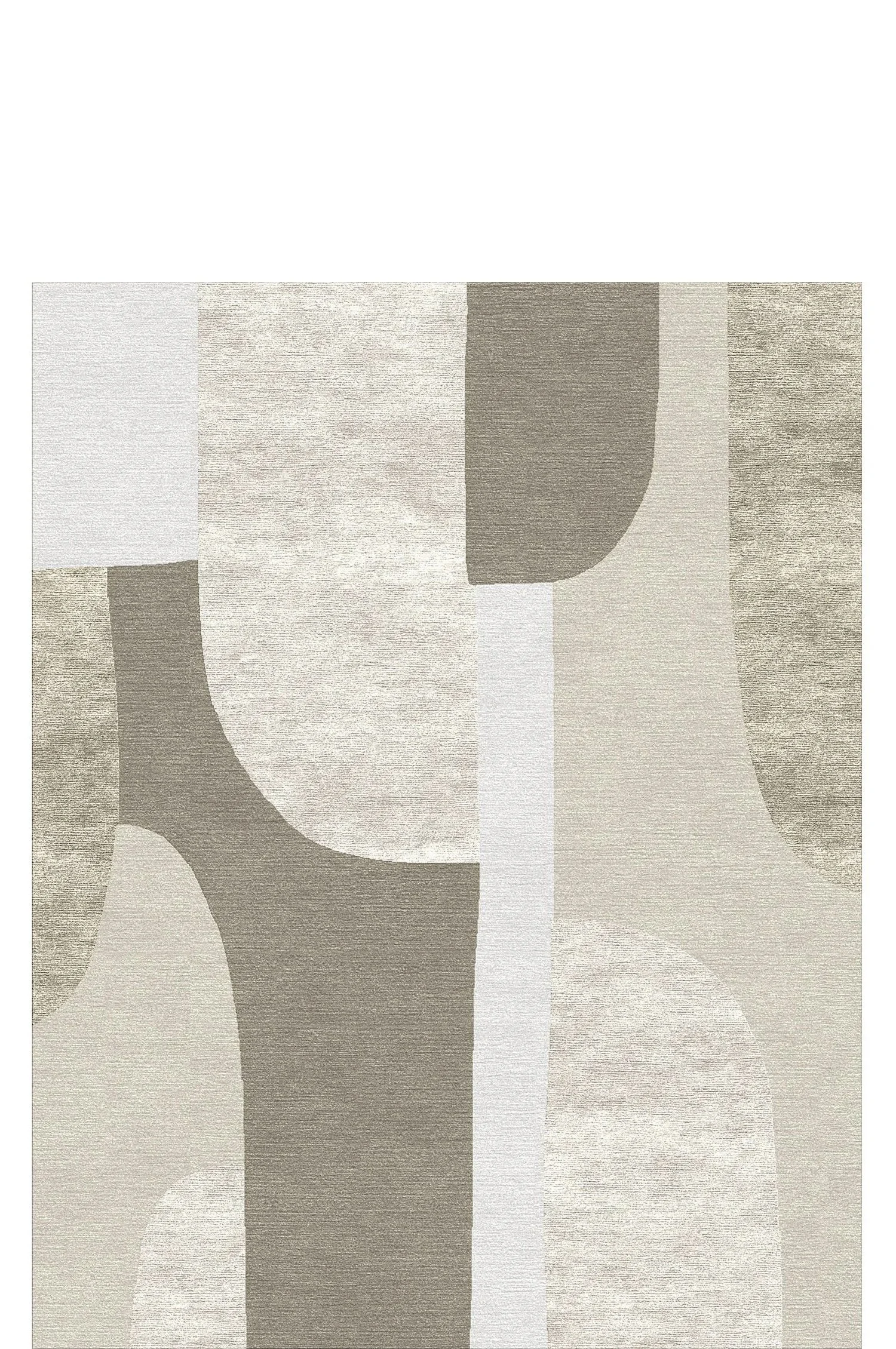 Abstract geometric patterned area rug with beige, cream, taupe, and light brown tones and curved shapes.
