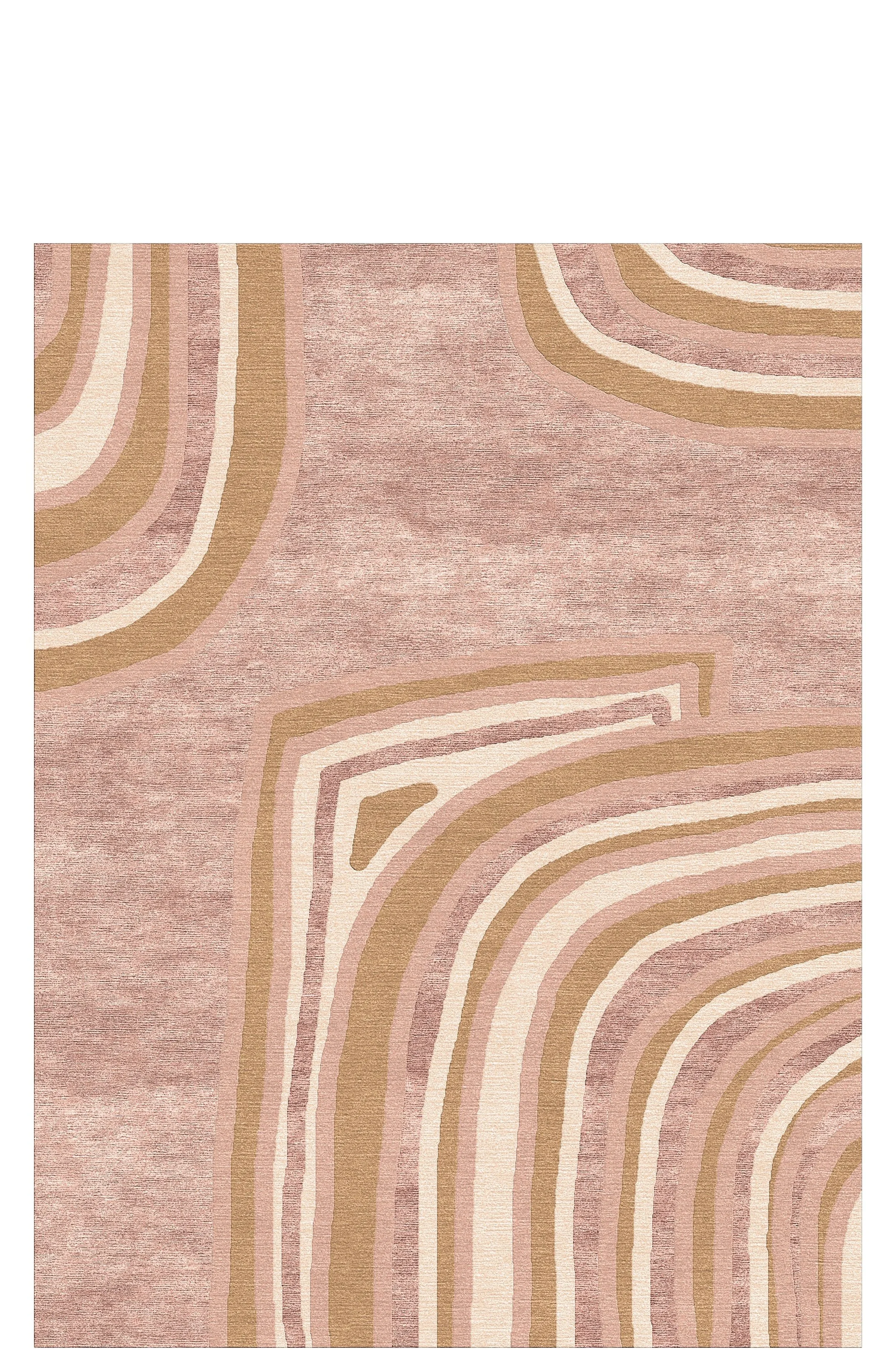 A rectangular area of a pinkish rug with a pattern of curved beige, brown, and light pink lines.