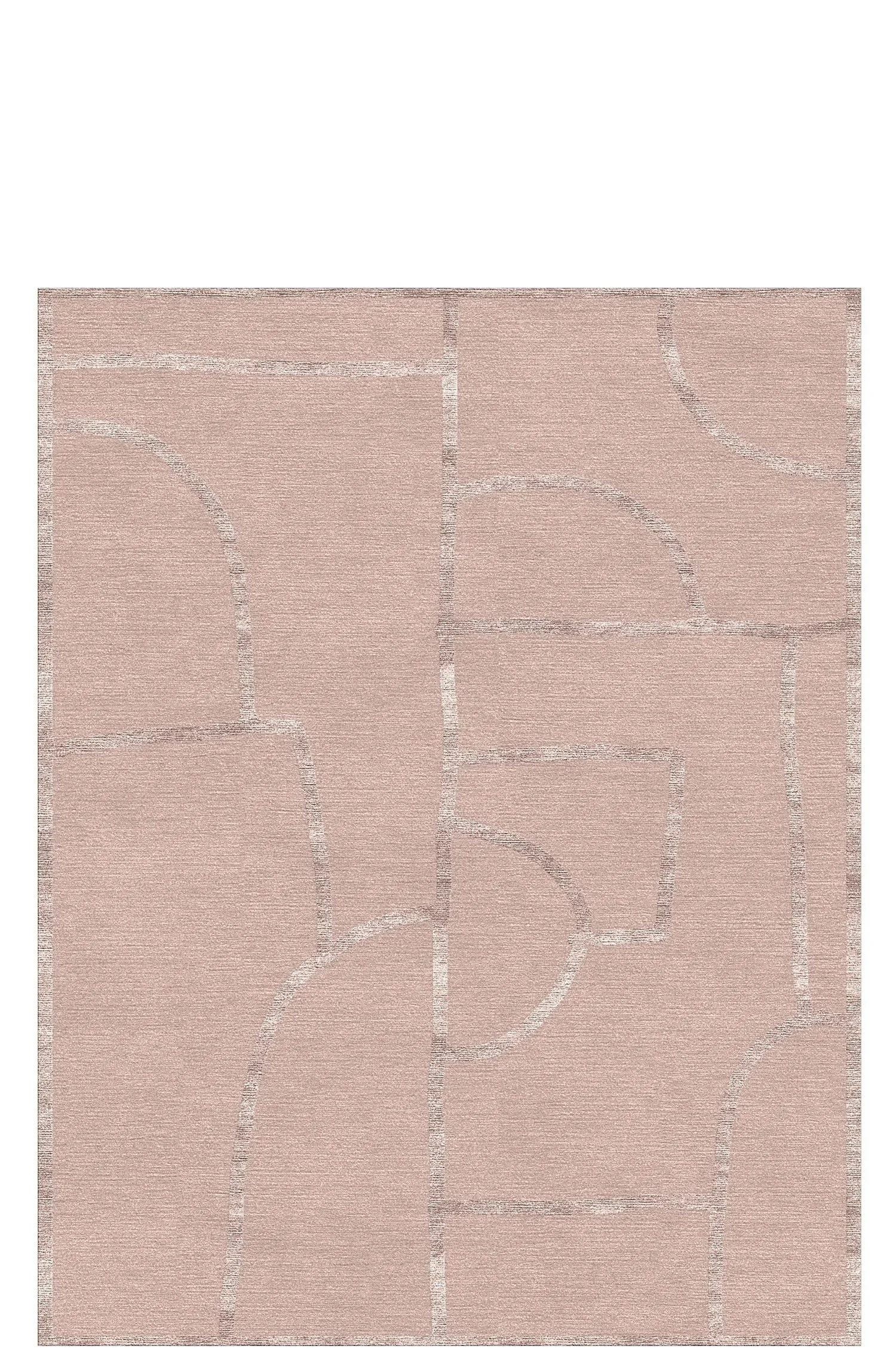 A pink area rug with abstract curved and straight line patterns in a lighter shade of pink.