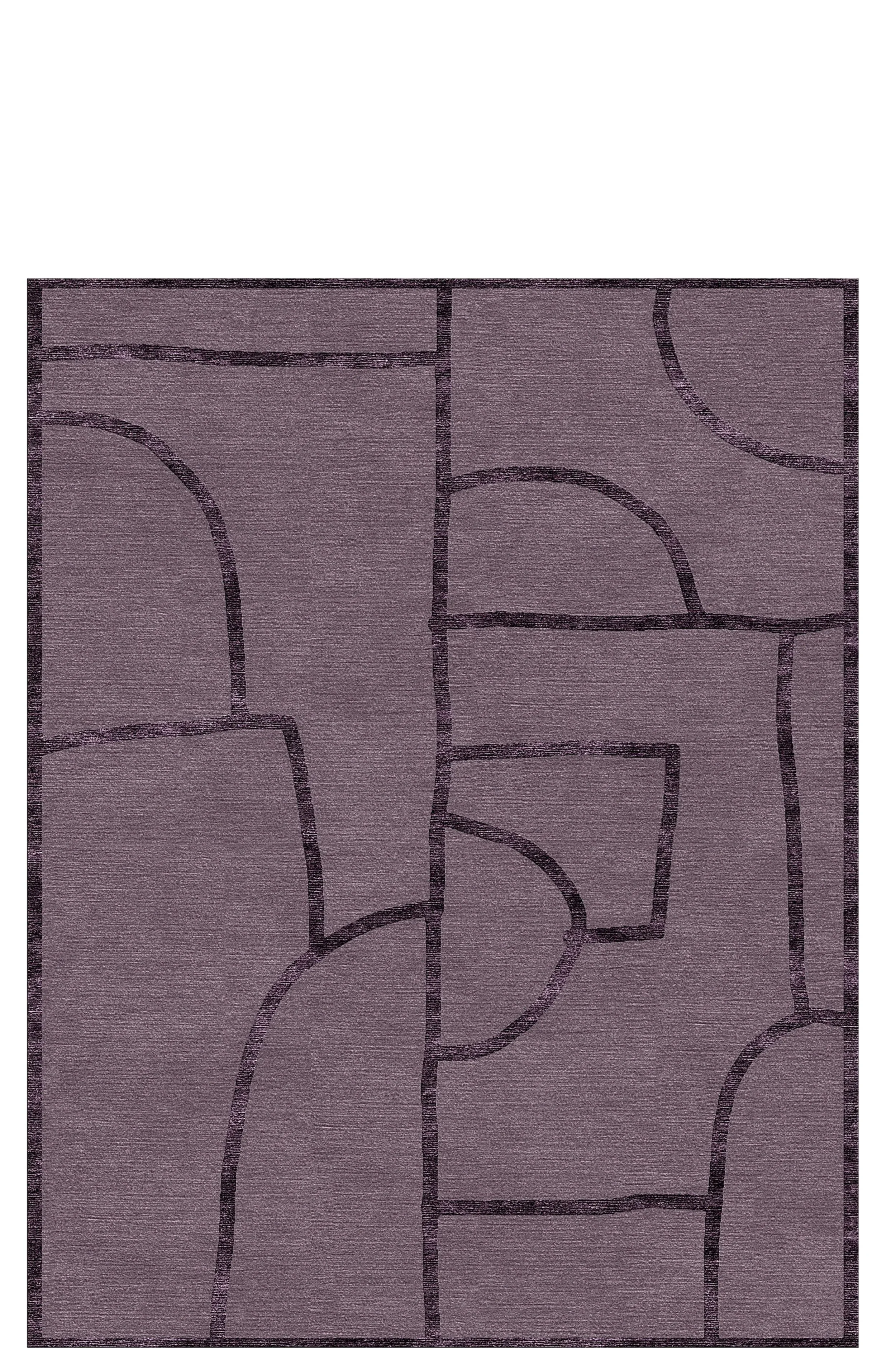 A purple area rug with abstract black line patterns resembling geometric shapes.