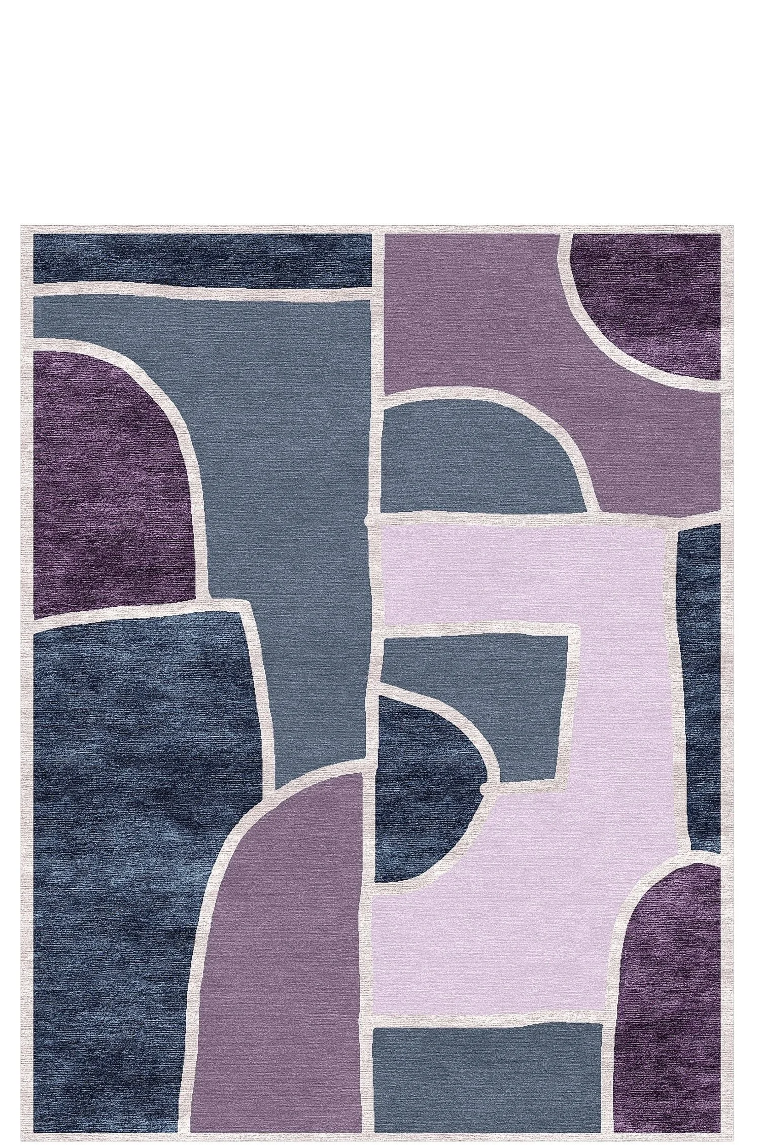 Colorful abstract geometric pattern rug with various shapes in purple, pink, blue, and dark blue shades outlined in white.