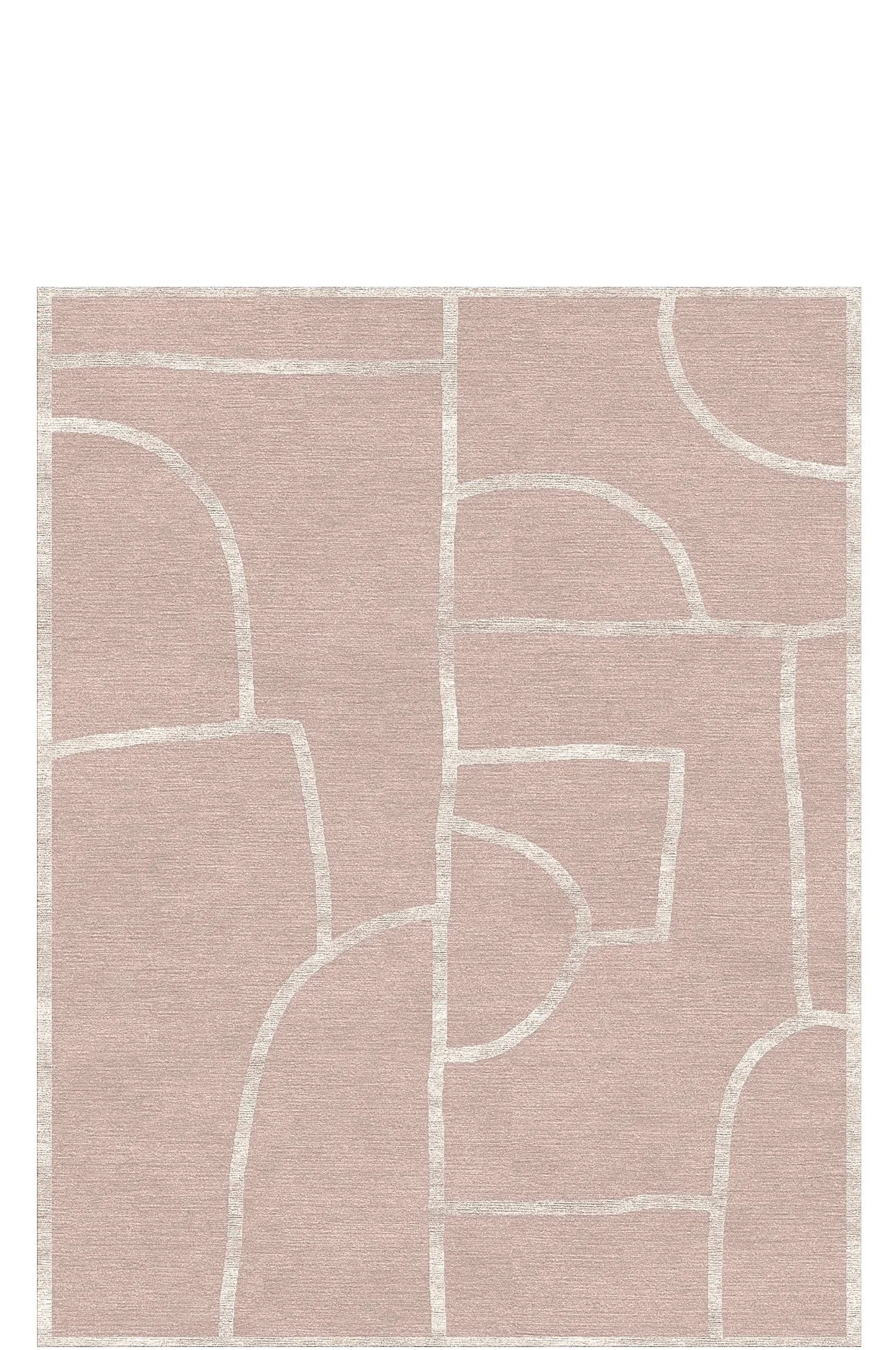 A modern area rug with a geometric pattern of irregular shapes outlined in light beige on a soft pink background.
