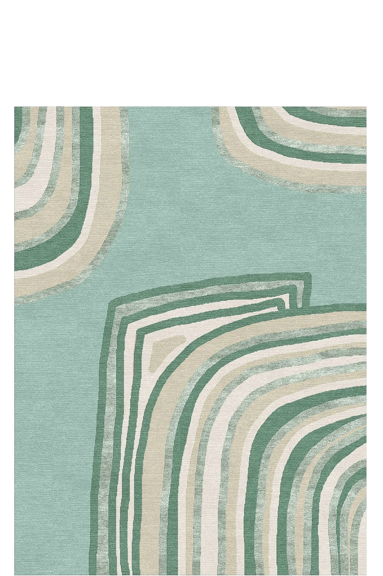 A patterned area rug with abstract curved lines in shades of teal, beige, and white.