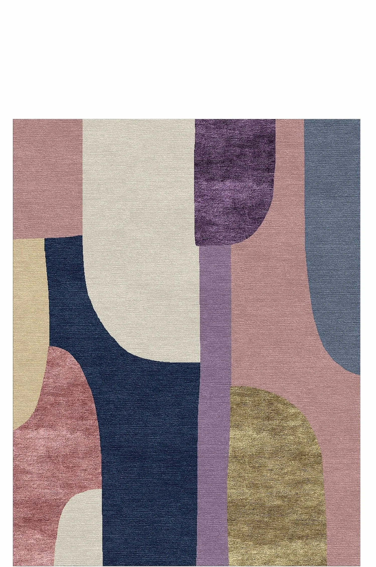 Abstract geometric rug with various colored shapes including pink, navy, cream, purple, blue, and gold.