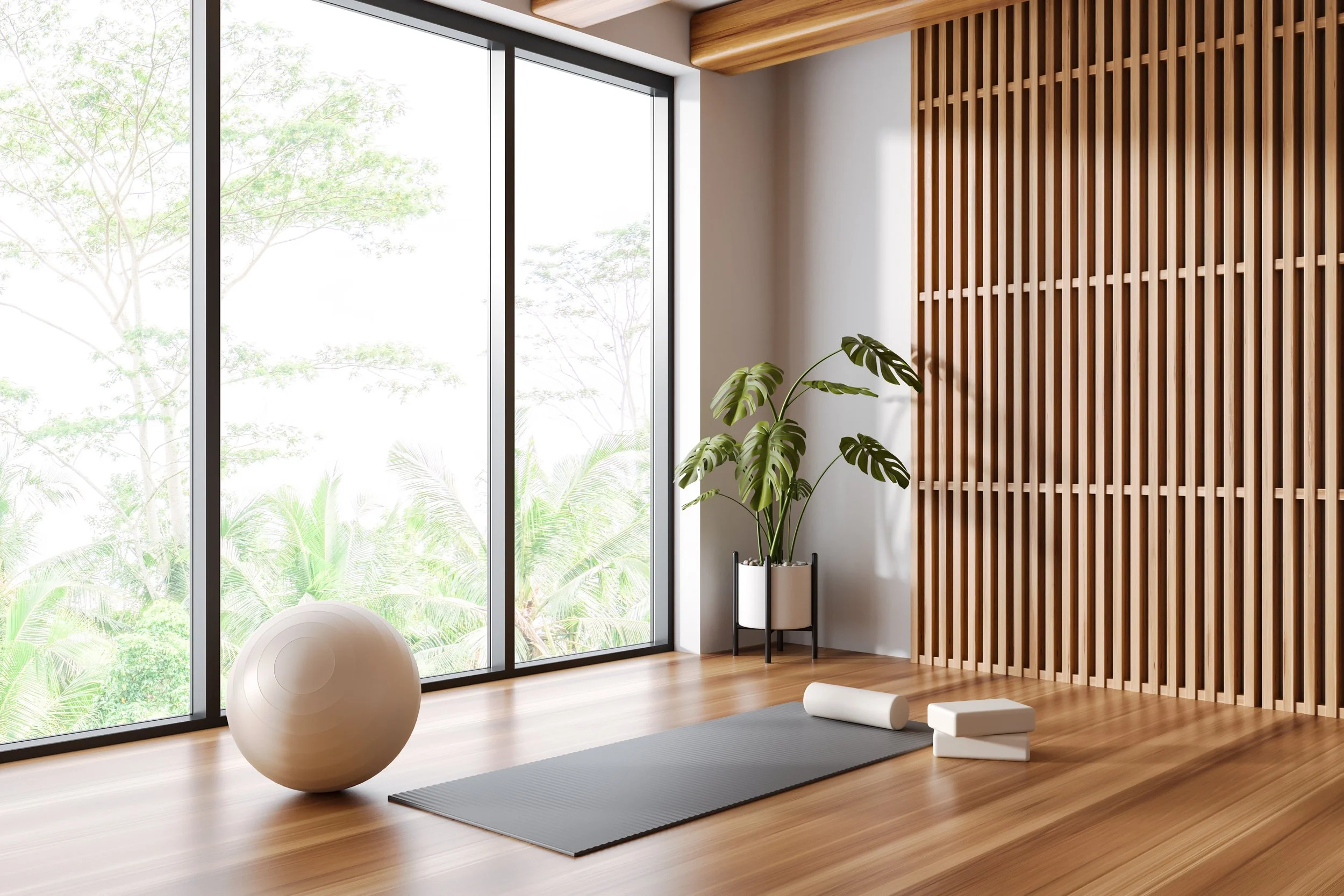 A yoga or meditation space with a large window showing green trees outside, a black exercise ball, a yoga mat, foam blocks, a potted plant, and a wooden slatted wall.