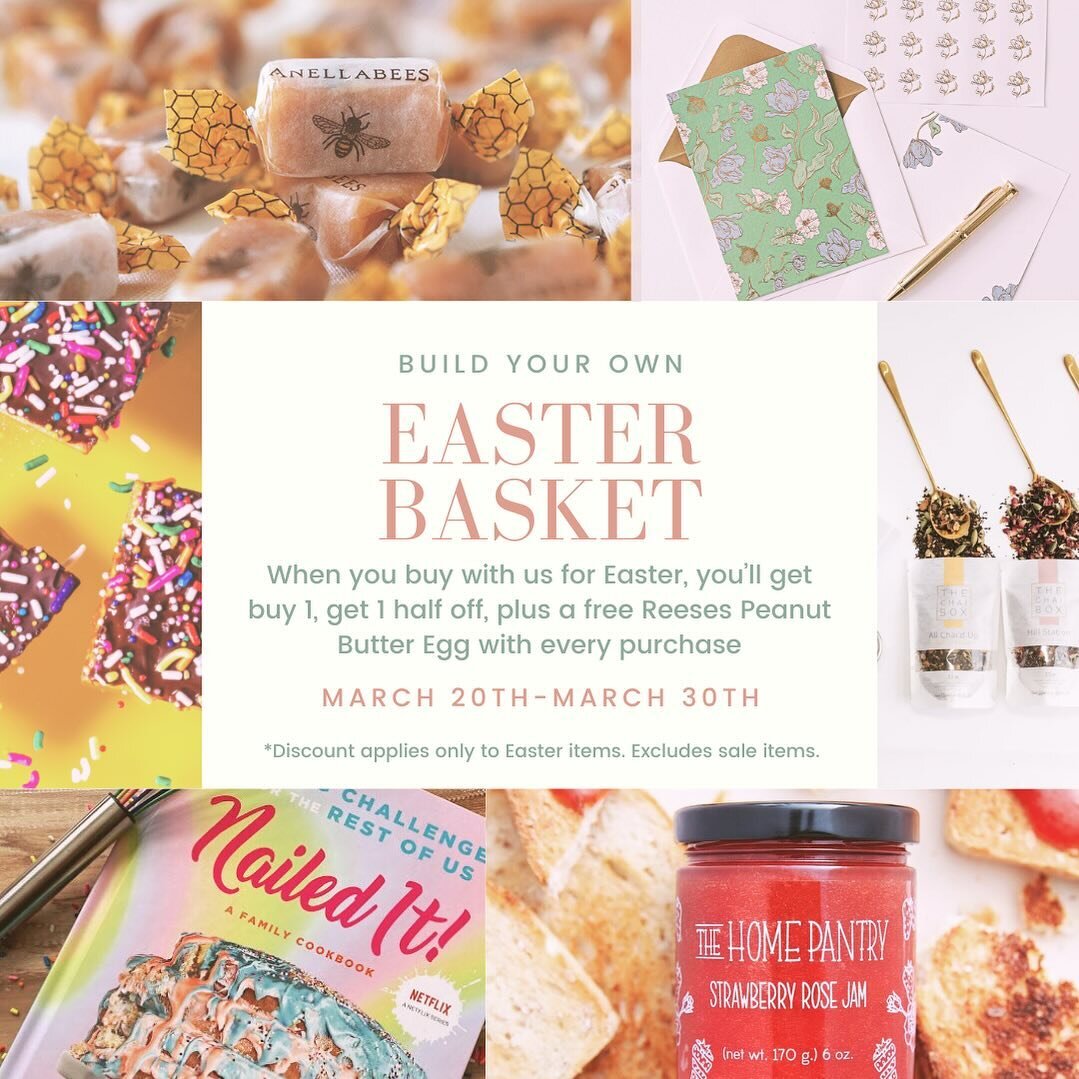 It&rsquo;s time to build those Easter baskets 🐰

Starting this week, you can take advantage of our buy one, get one half off for all Easter items. We have candies, cookies, jams, kids cookbooks, fun stationery, teas, and more. Look for the Easter eg