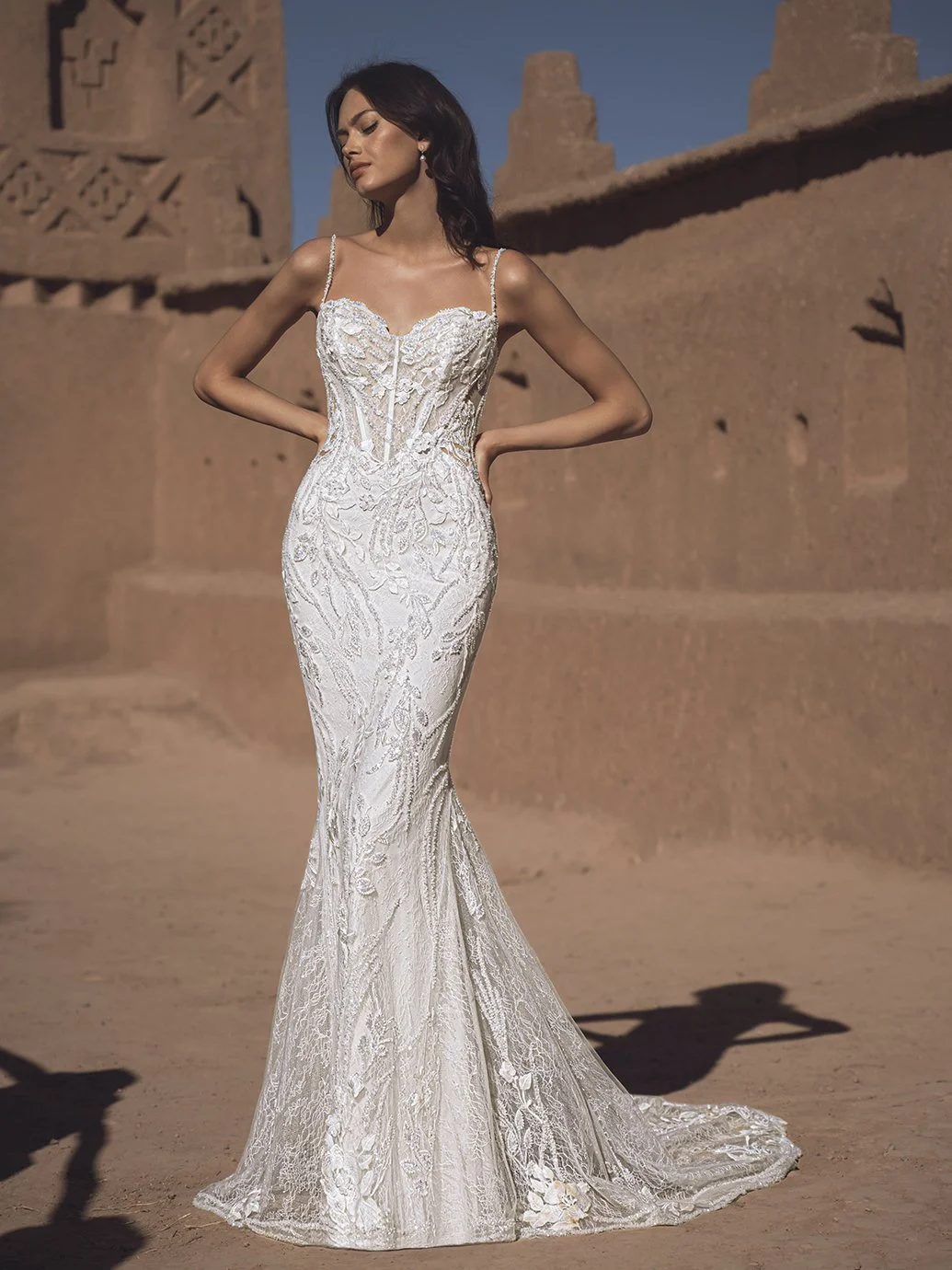 Chicagoland Blue by Enzoani wedding dress mermaid fitted beaded sweetheart neckline sheer bodice