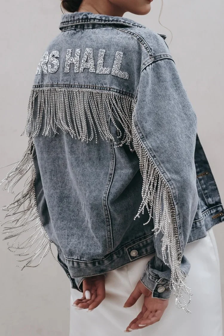 Rhinestone Fringe Denim Jacket — Diana's Bridal