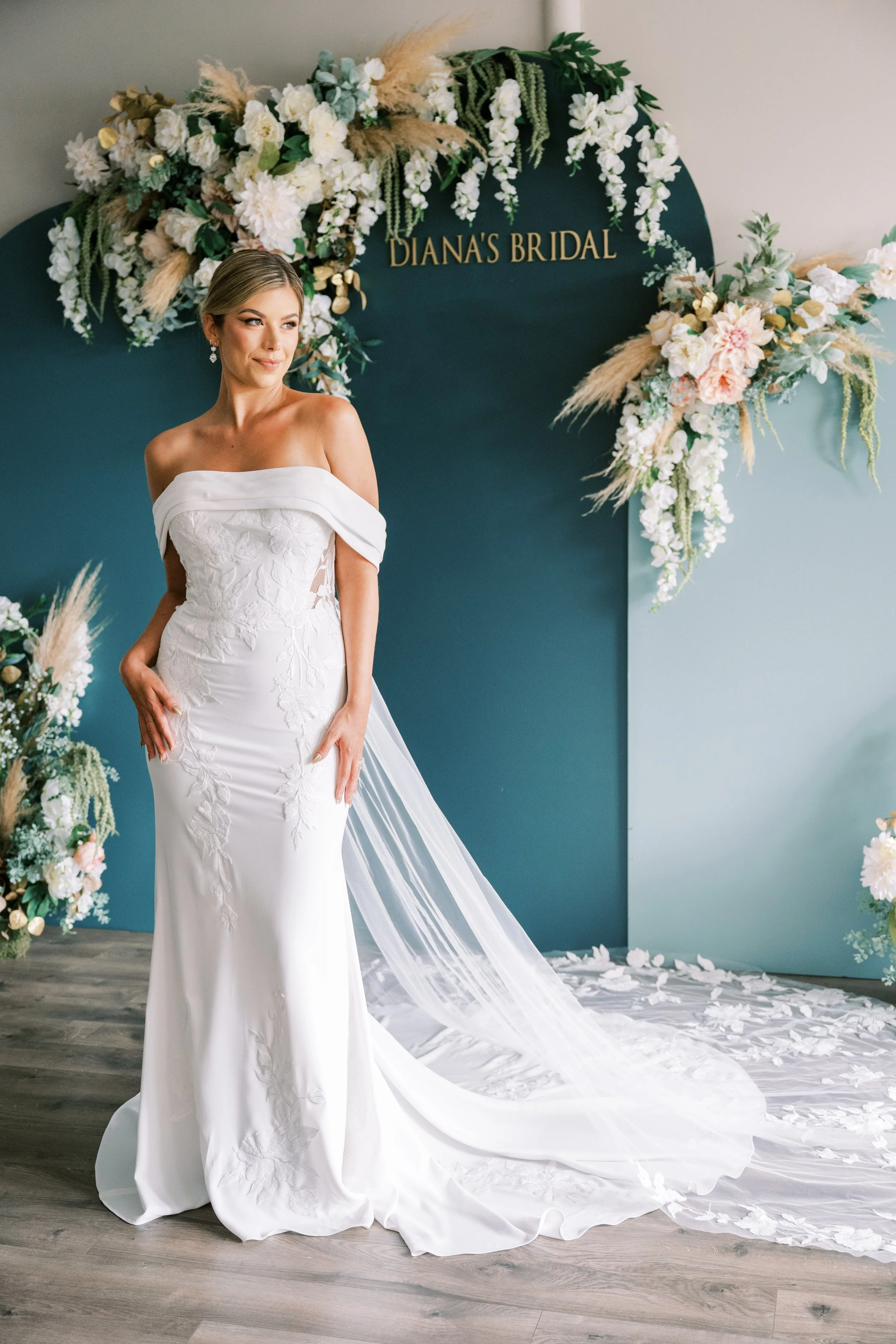 Chicago crepe wedding dress off shoulder train lace