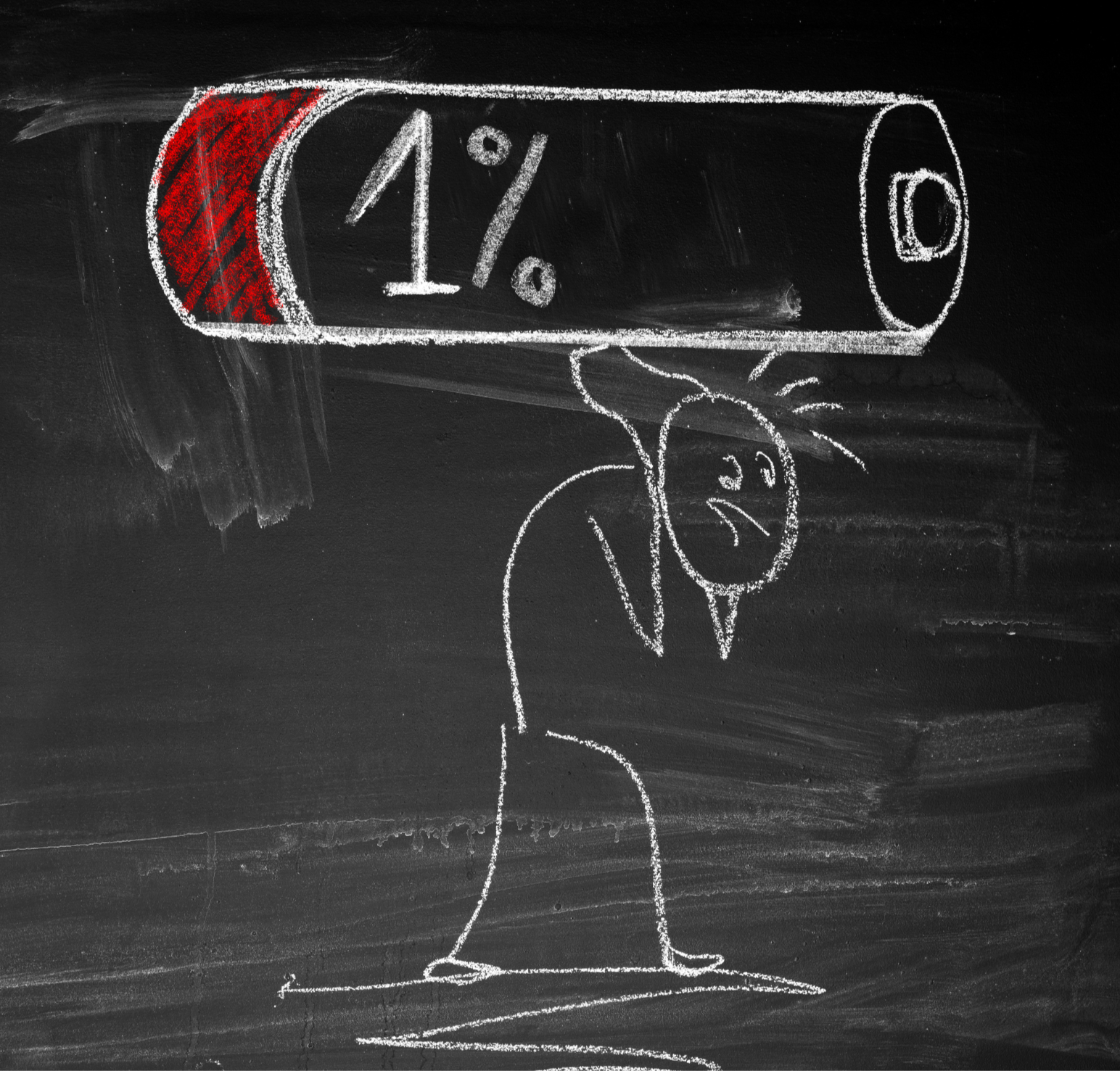 A chalk drawing on a blackboard depicting a sad stick figure with a tear, standing underneath a broken battery illustration with 1% charge remaining.