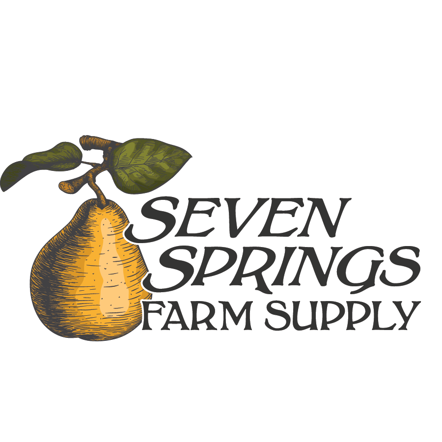 Seven Springs Farm Supply Logo which depicts their name in black all-caps text hovering next to a yellow pear attached to a twig that has two leaves
