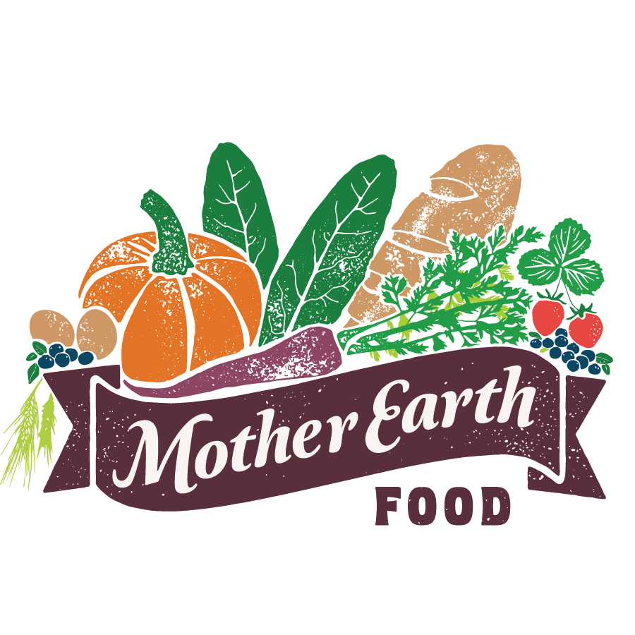 Mother Earth Food Logo depicting a plethora of produce like a purple carrot, orange pumpkin, bread, and strawberries in front of a burgundy banner that says "Mother Earth" in white/negative space, with "Food" underneath the banner on the right