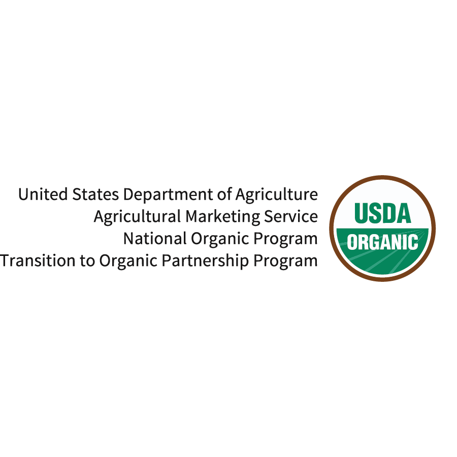 Logo that says "United States Department of Agriculture Agricultural Marketing Service National Organic Program Transition to Organic Partnership Program" in black font next to the USDA Logo showing a circular brown outline around a white background 