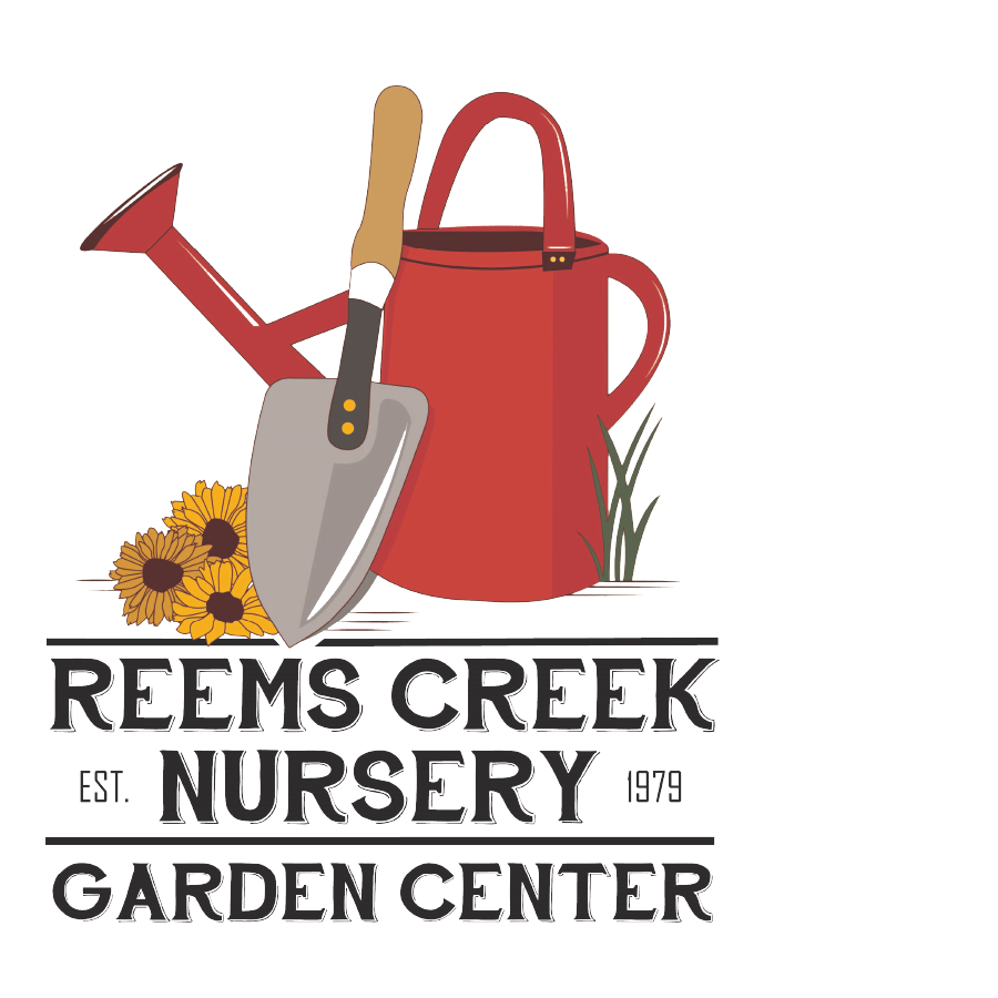Reems Creek Nursery Logo which depicts their name, "est. 1979", and "garden center" - also a red watering can, spade, and yellow flowers sitting together