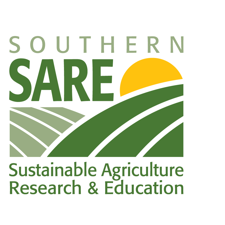 Southern SARE Logo depicting the name and converging line-like shapes signifying hilly fields in shades of green, with a sunrise toward the back; "Sustainable Agriculture Research & Education" in green font below the fields