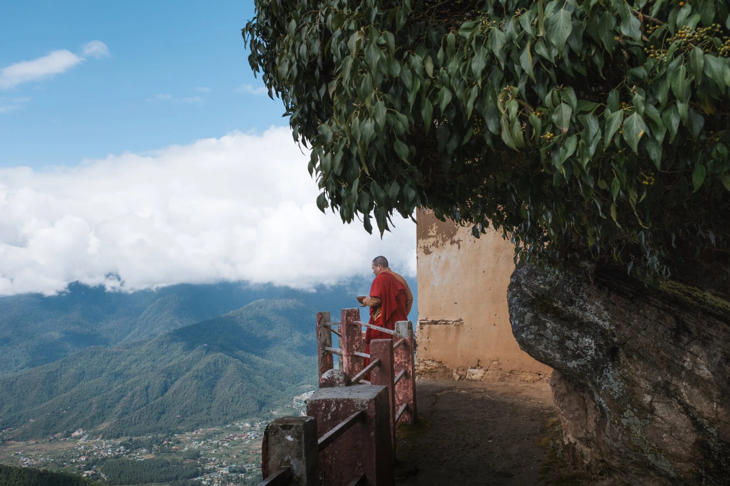 A person dressed in red robes standing on a mountain viewing platform, looking at a cell phone, with lush green mountain valleys in the background, partially shaded by a large tree.