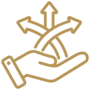 A stylized illustration of a hand holding three crossed swords.