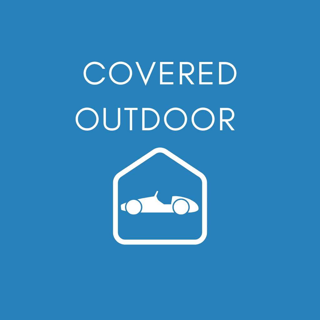 Blue sign indicating 'Covered Outdoor' with a white outline of a car inside a house outline.
