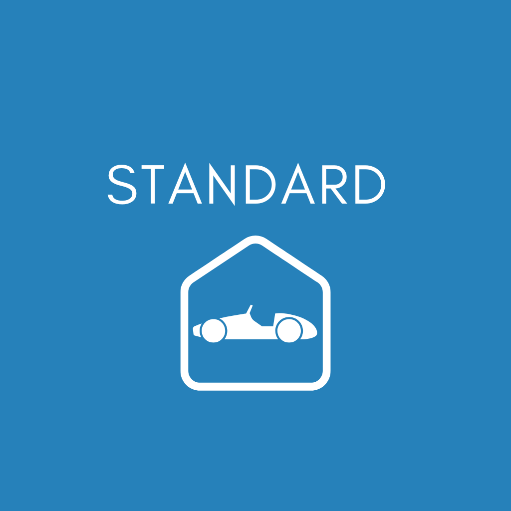 Standard blue icon with a white outline of a car inside a house outline and the word 'STANDARD' above.