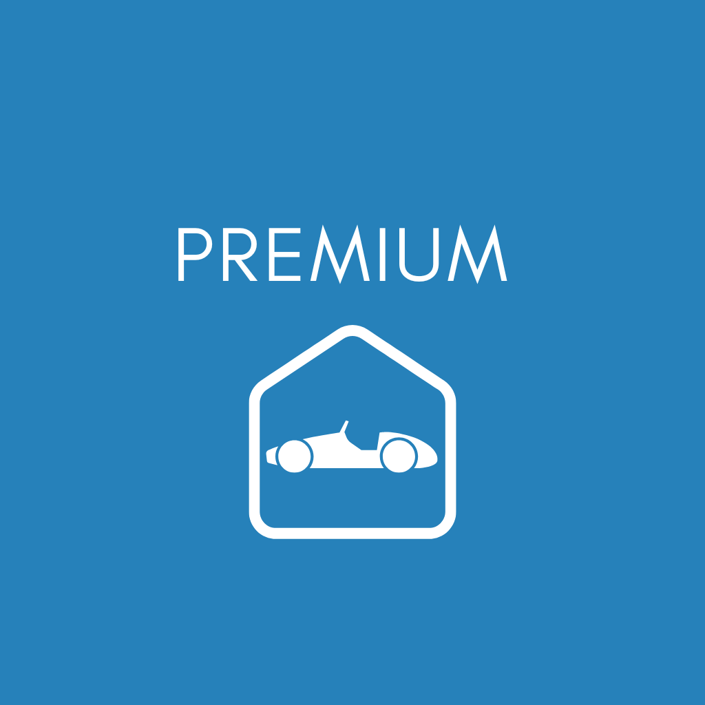 Blue background with the word "PREMIUM" at the top and a white outline of a race car inside a house-shaped outline below it.