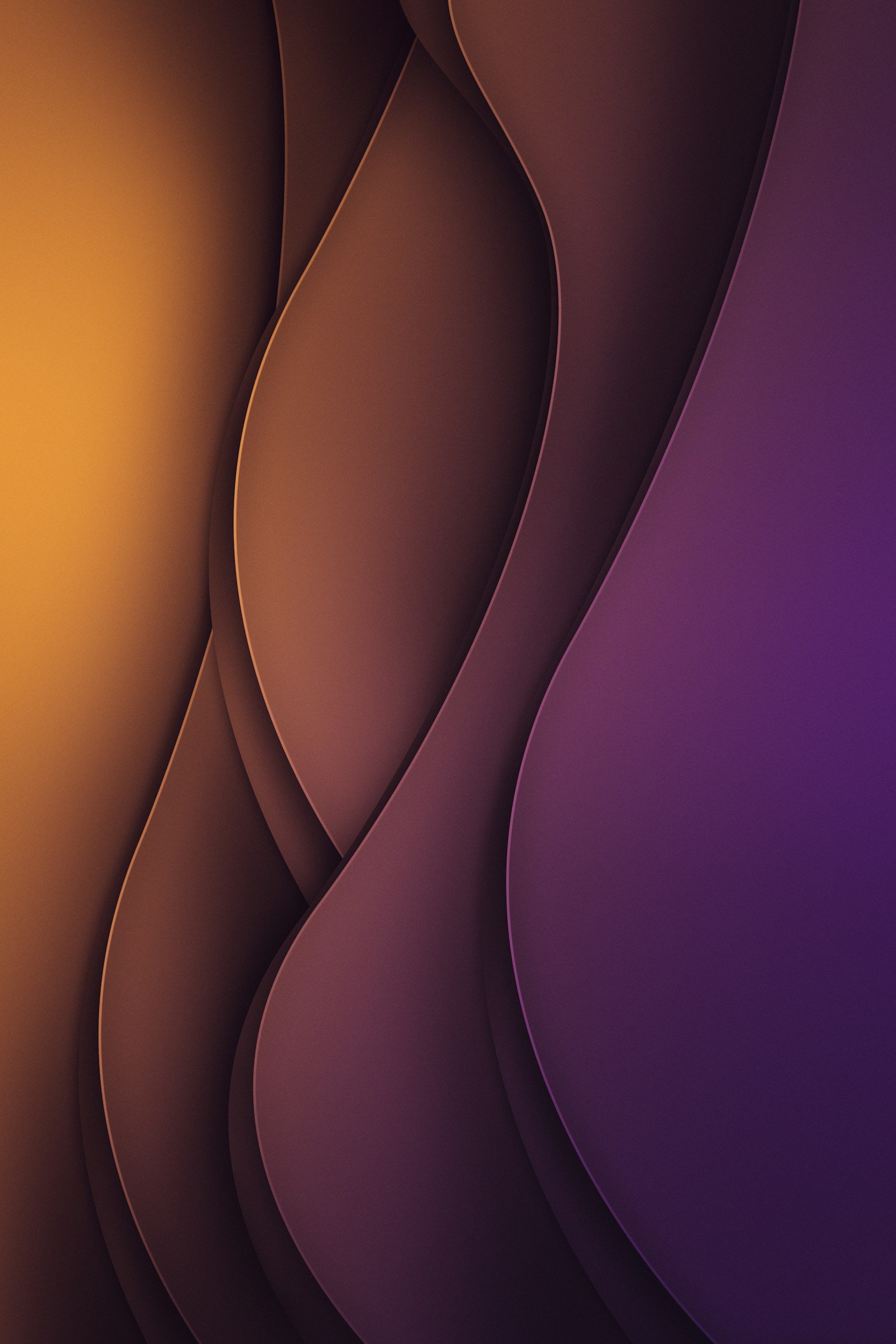 Abstract design with layered, curved shapes in shades of orange, pink, purple, and black.