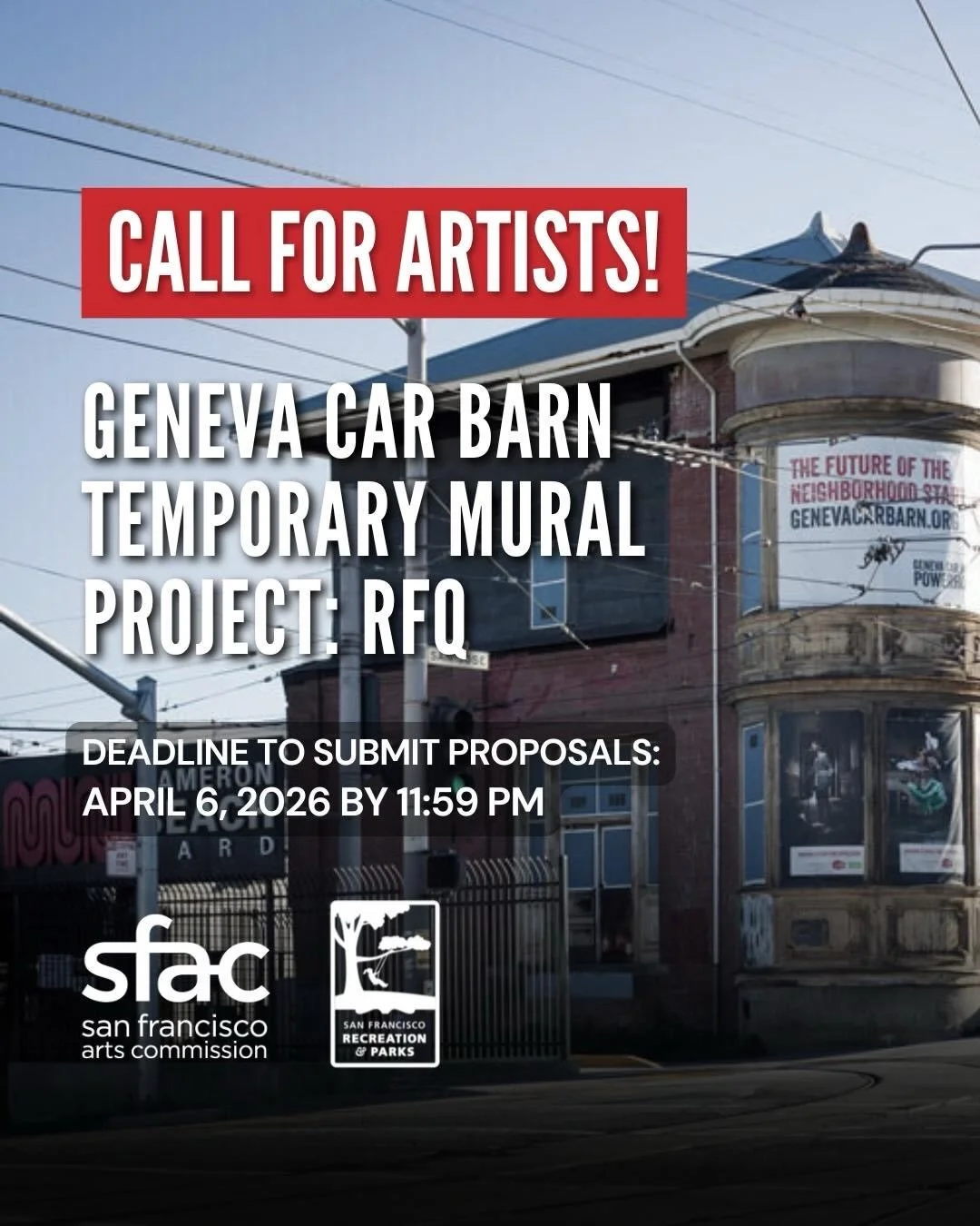 🗣️🗣️🗣️ CALL FOR ART

SF Arts Commission is inviting artists to showcase their art on the Geneva Car Barn 🏰 directly next to the Geneva Powerhouse where we host our arts programs and event rentals 🪅

We'd love to see your art next door! 🚪

Learn