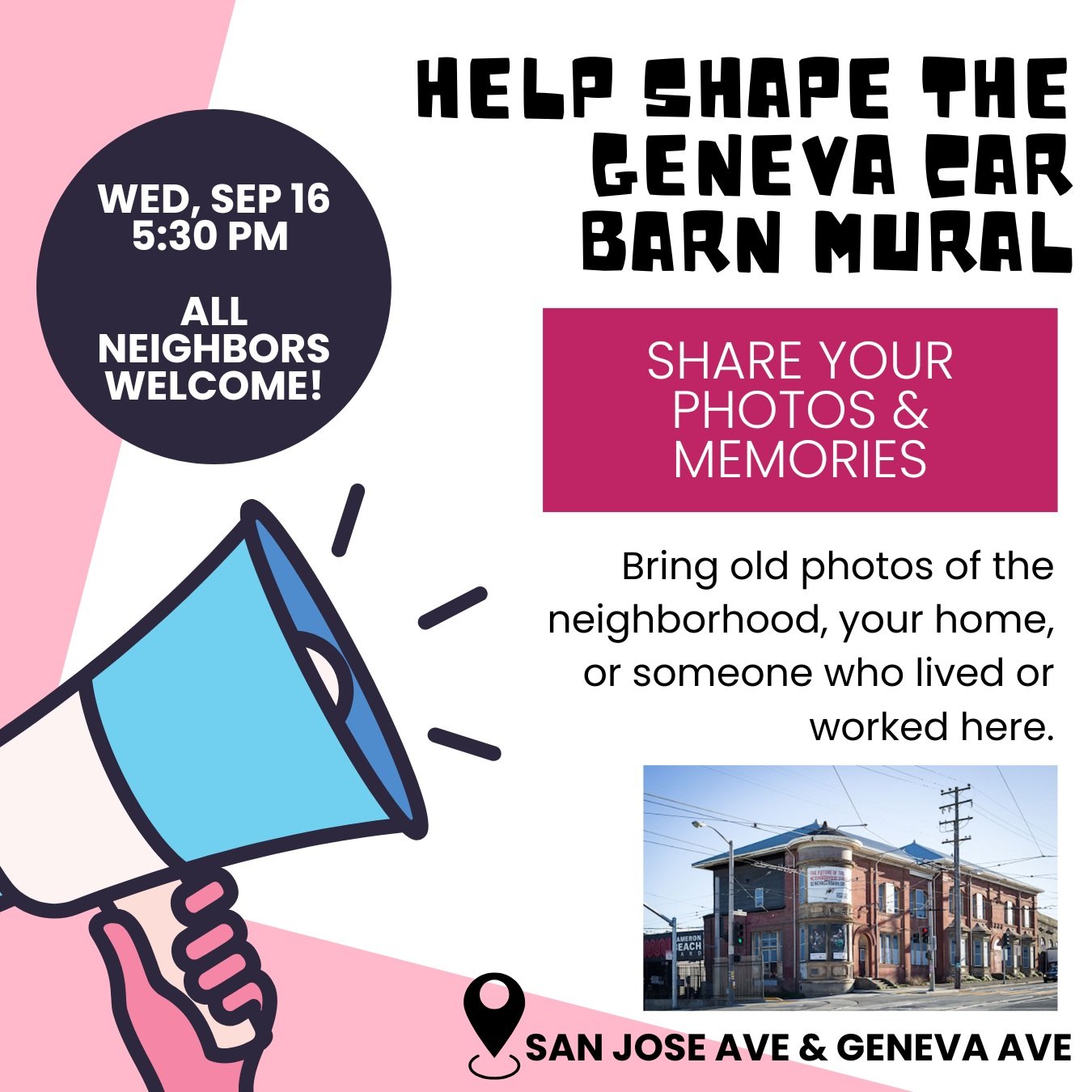 🗣️🗣️🗣️ CALLING OUR NEIGHBORS

Artist Talavera-Ballon was selected by the San Francisco Arts Commission to create a temporary mural honoring the history of the Geneva Car Barn 🎨

Join us for a Community Engagement Event to help shape the mural's d