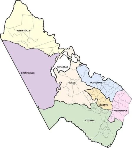 Map of Prince William County, Virginia showing districts such as Gainesville, Brentsville, Potomac, Neabsco, Woodbridge, Occoquan, Coles, and Manassas.