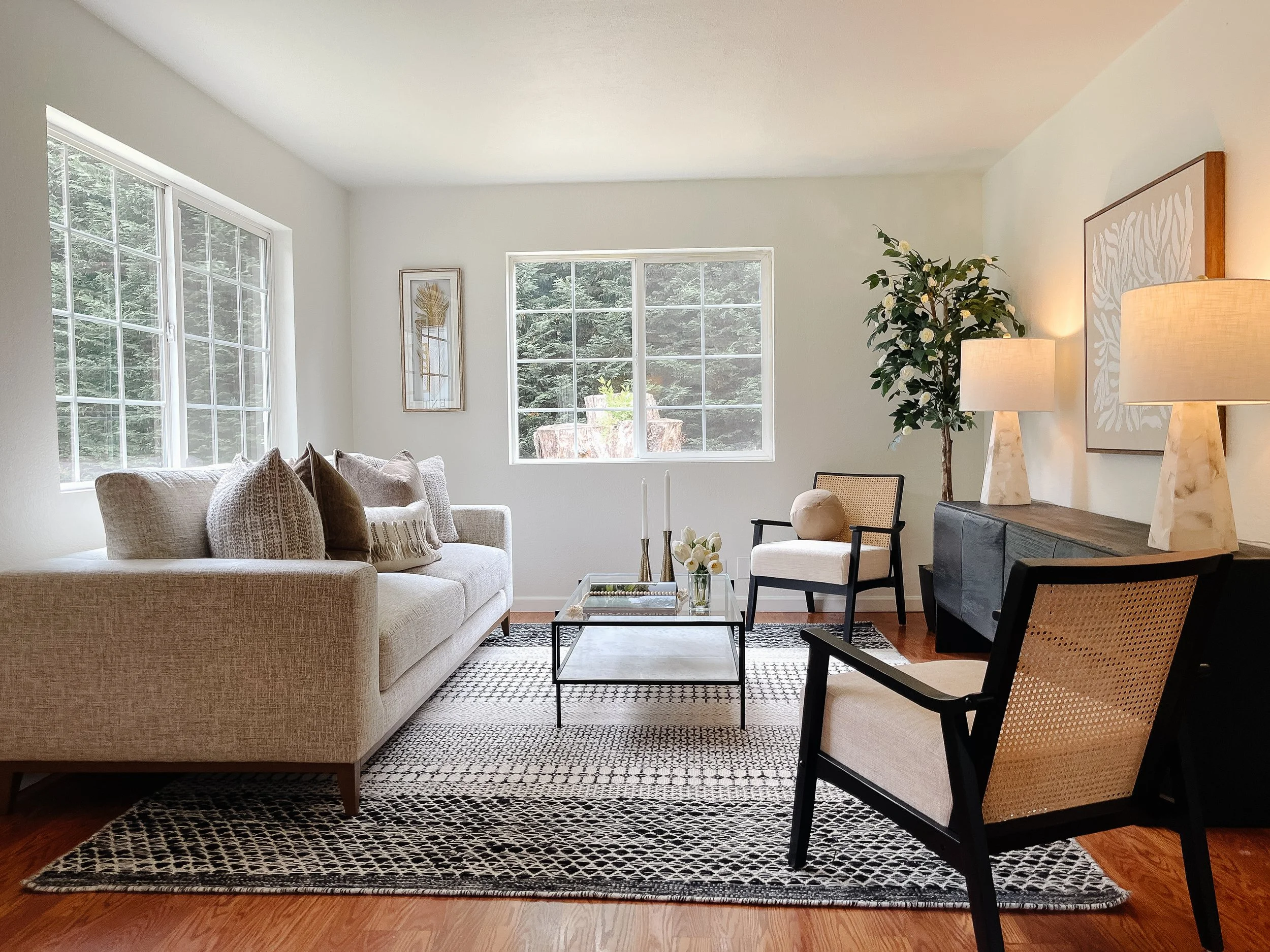 Small La Conner home staged with right-sized furniture to show scale.