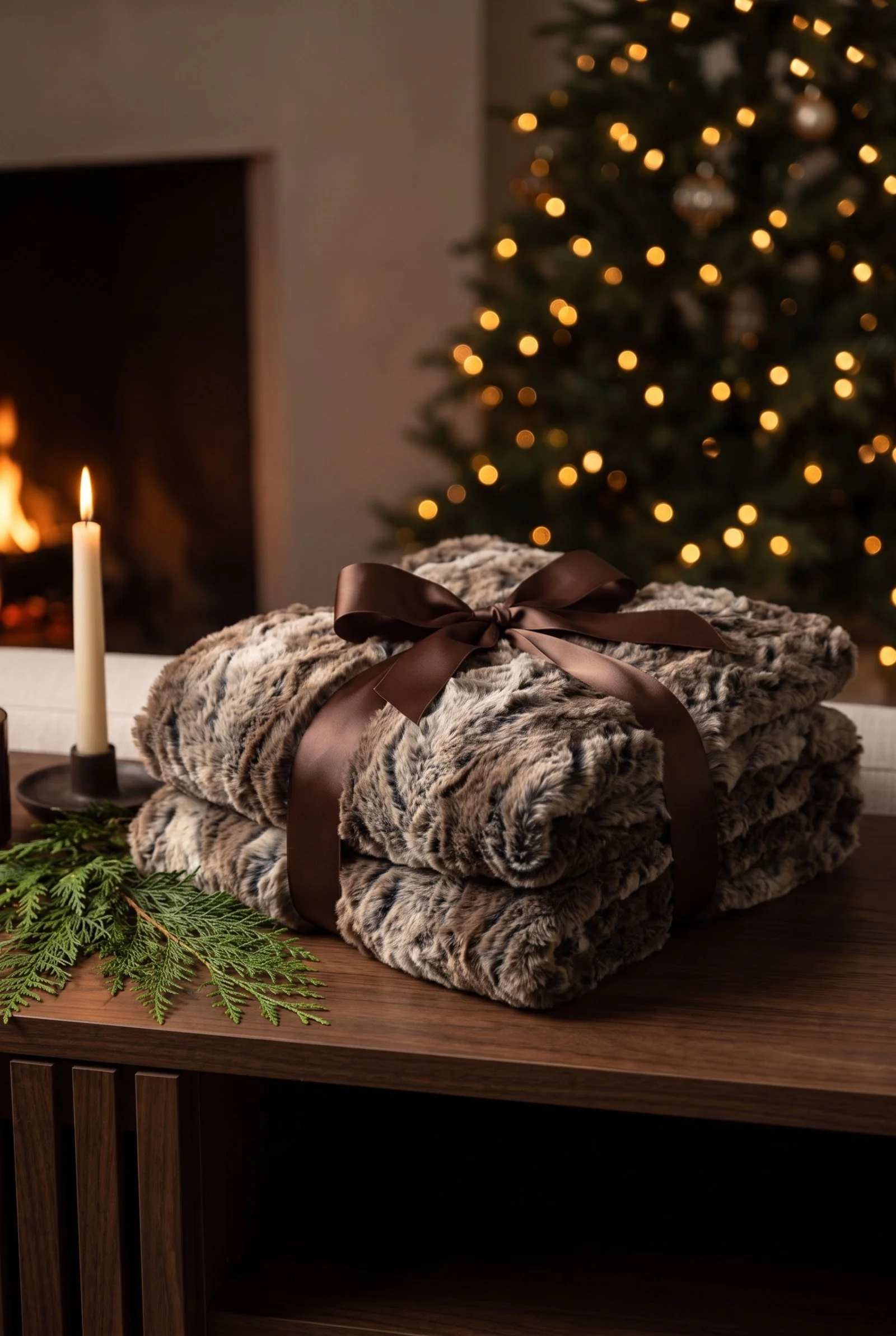 Faux fur throw blanket folded and tied with a wide brown satin ribbon on a walnut console beside a softly lit Christmas tree.