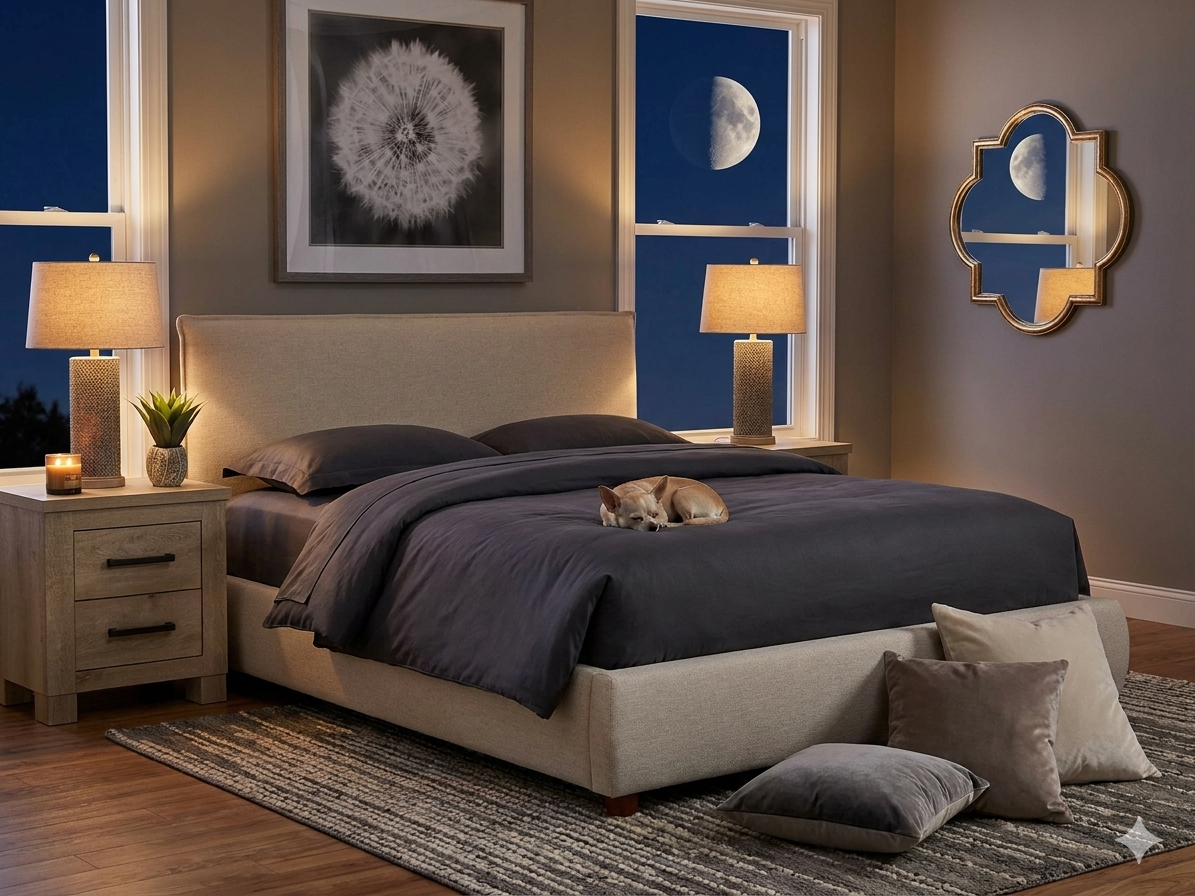 Staged bedroom featuring a minimalist wheat upholstered bed styled with charcoal bedding, layered floor pillows, table lamps, and a warm nighttime atmosphere