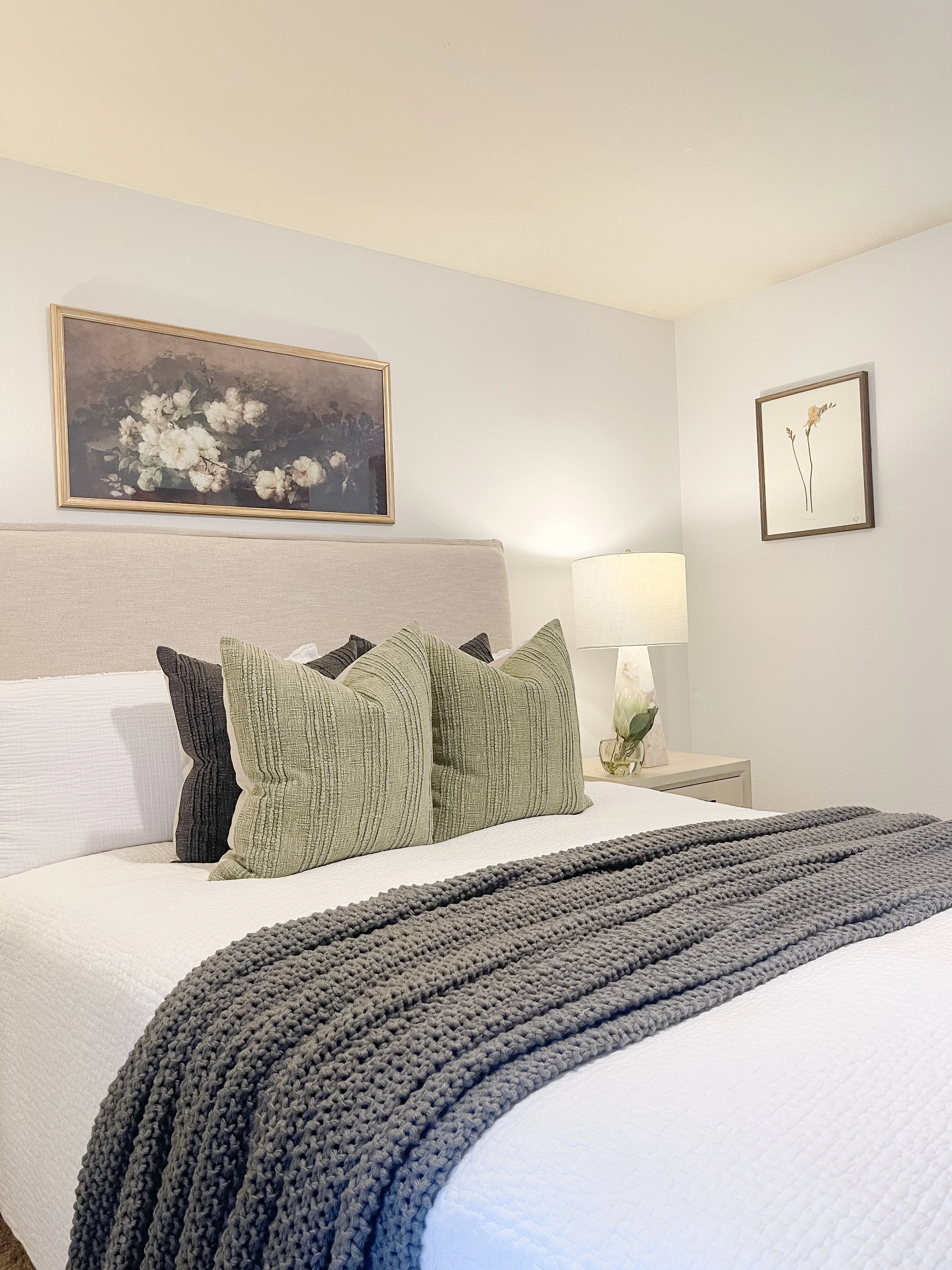 Moe's Luzon queen upholstered bed in wheat — minimalist padded headboard with clean lines and walnut legs, styled for home staging in Brier, WA