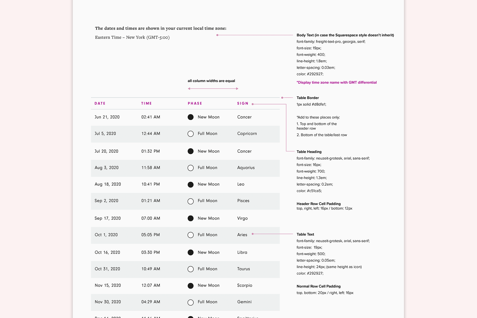Moon Calendar Specs