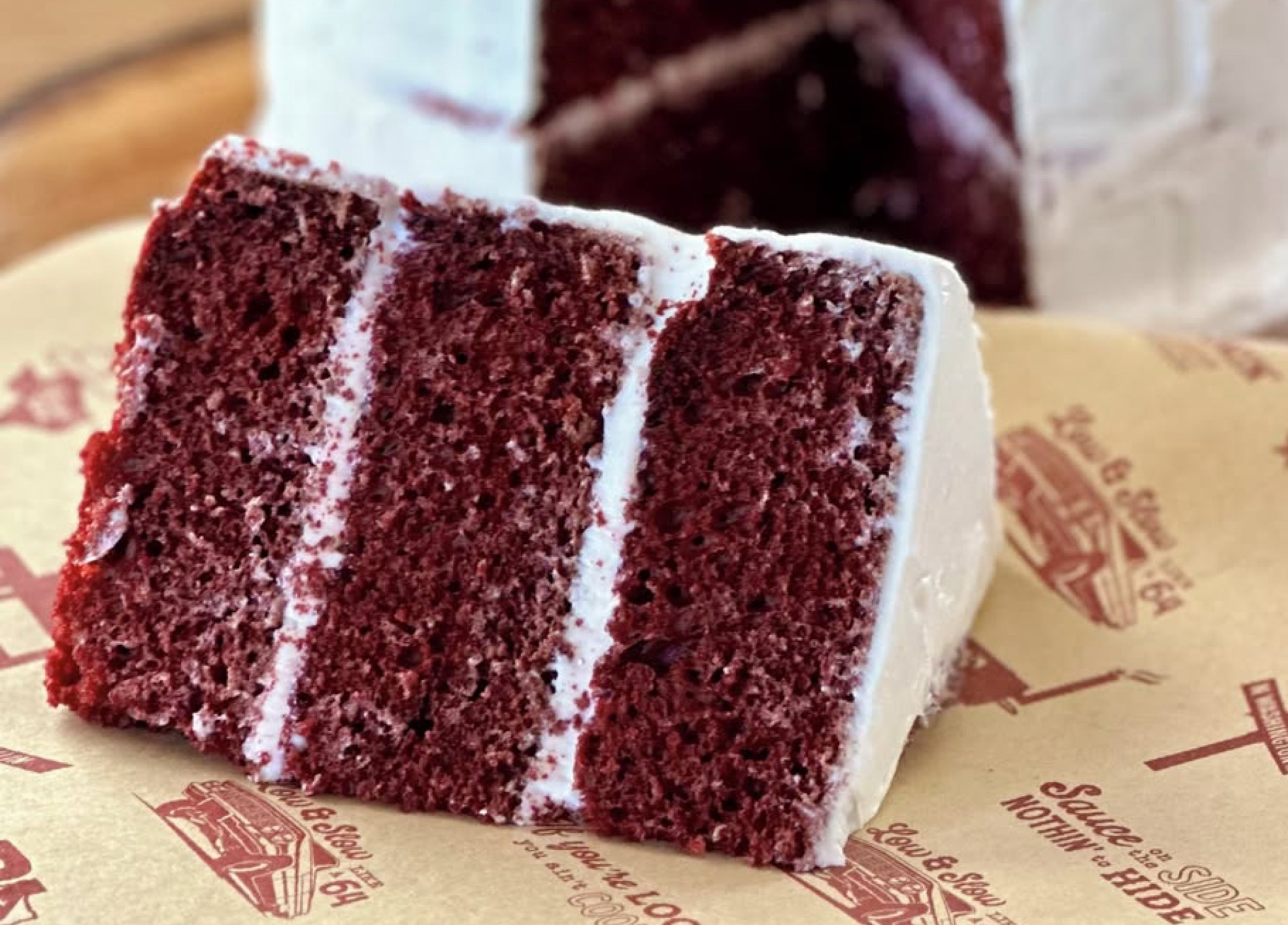 slice of bludso's bbq red velvet cake