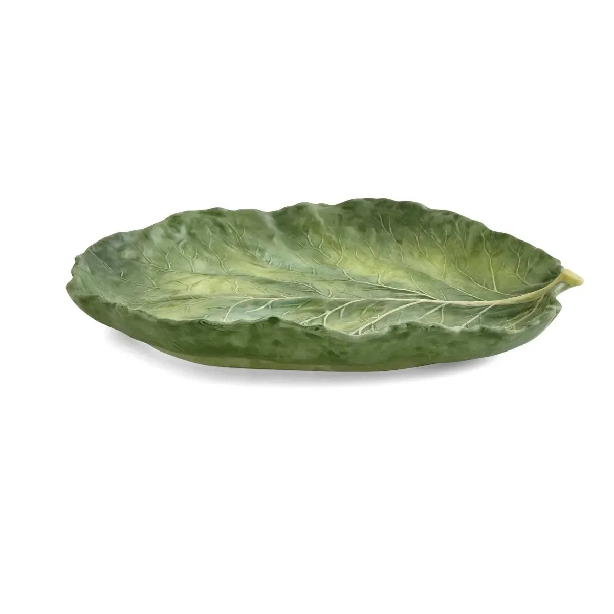 green leaf dish shown from the side.