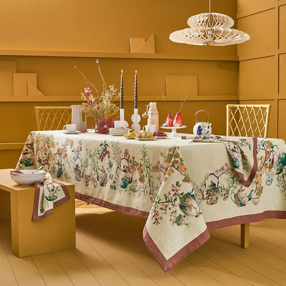 set table with the Theieres Rouille Tablecloth - this is one of the rectangular versions, not square as offered here.