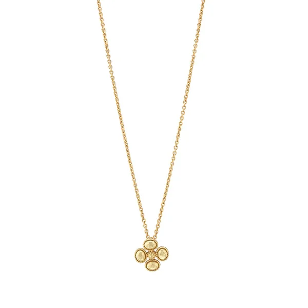 Gold neckace with clover-like charm, also in gold.