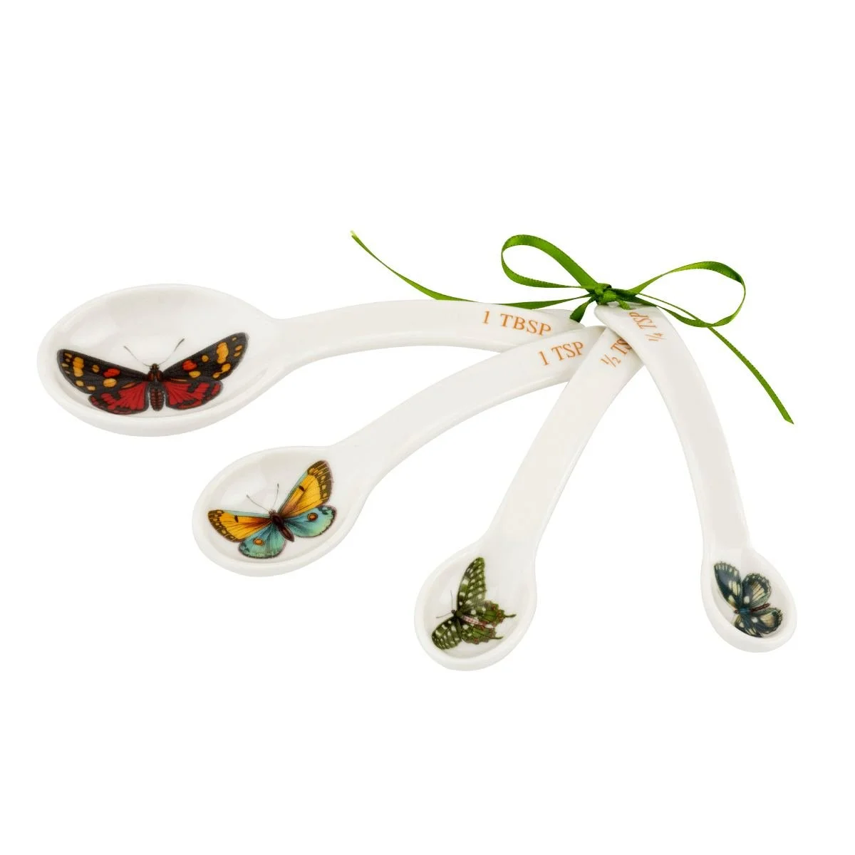 Set of 4 white measuring spoons, each with a different butterfly in the "bowl" of the spoon.