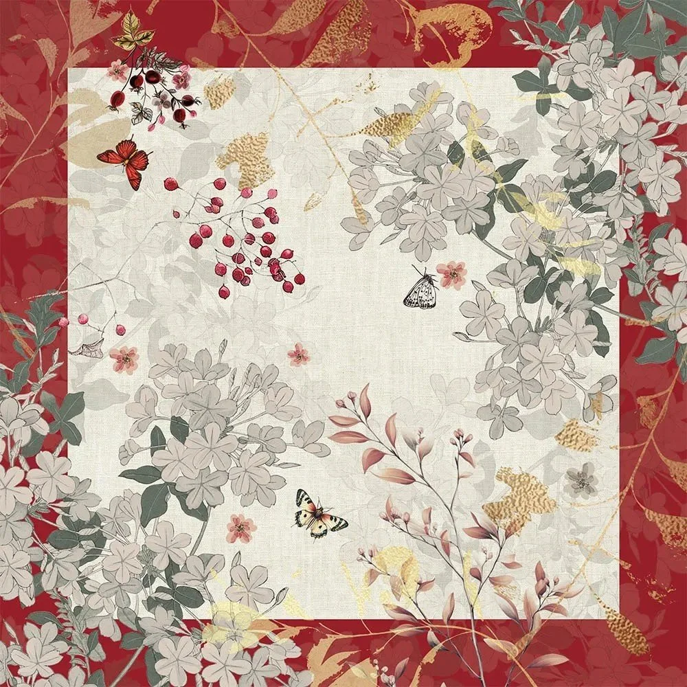 Vintage inspired napkin with cream background, cranberry border and floral print.